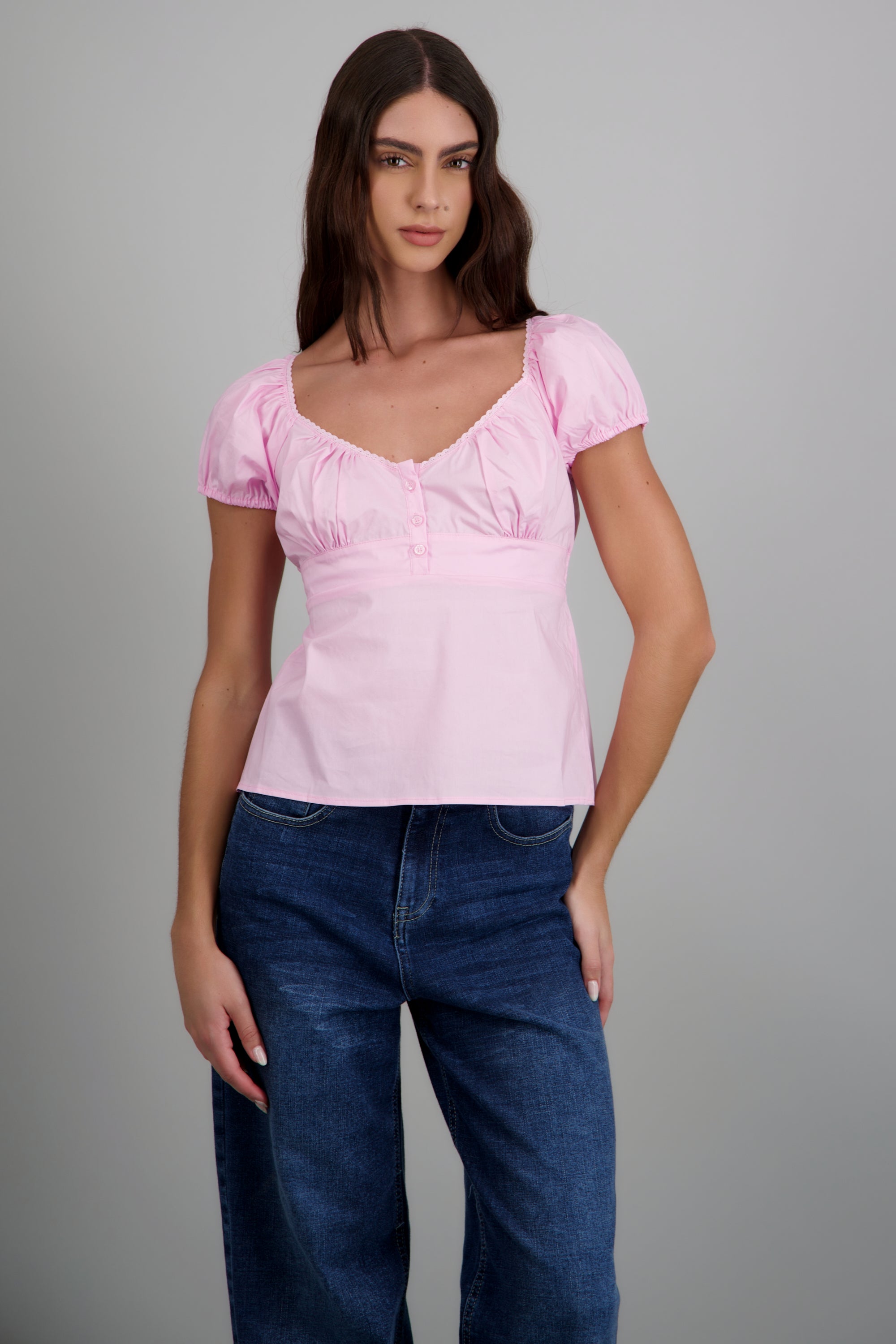 Top manga bubble detalle botones ROSA