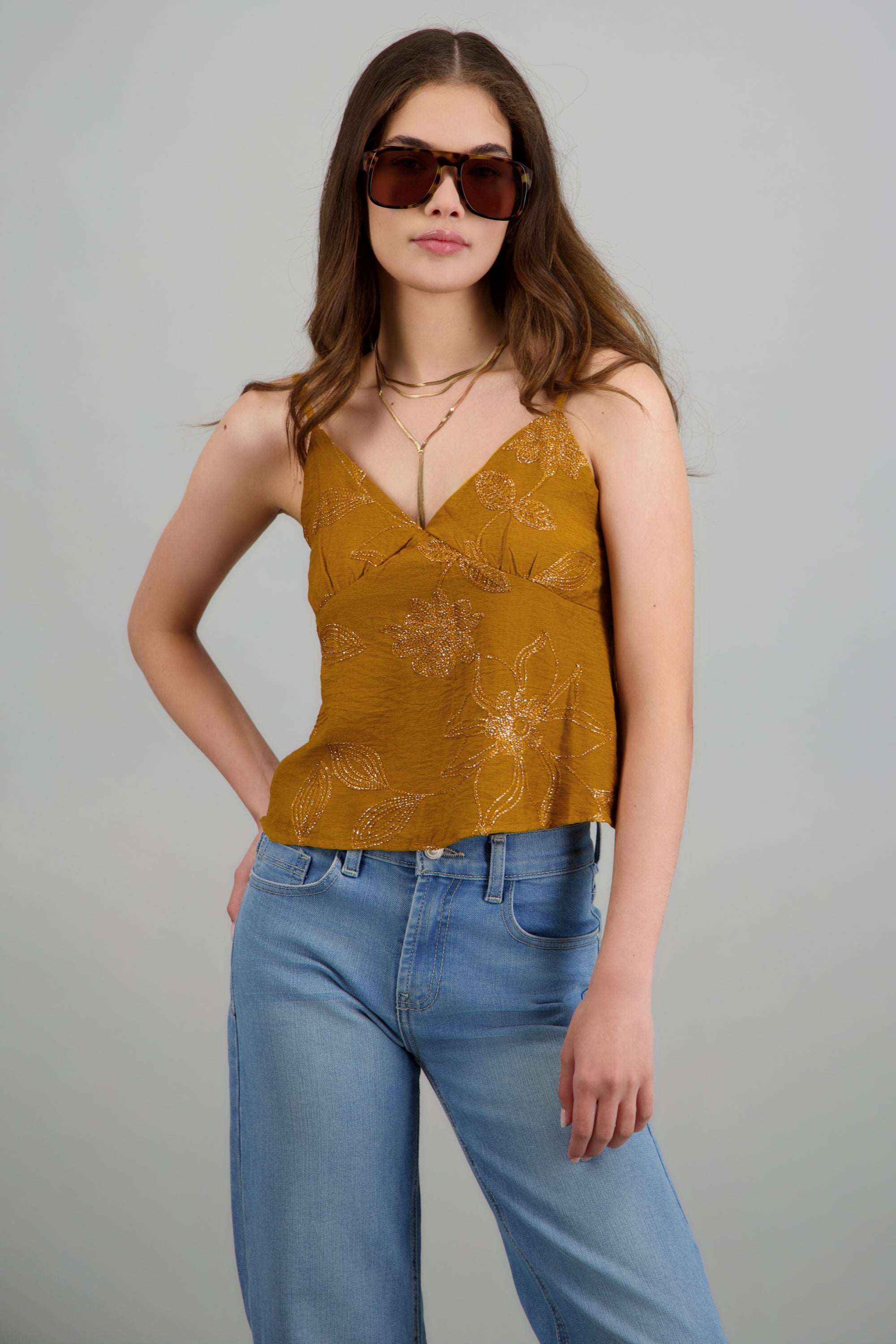 Top de tirantes flores luminosas MOSTAZA