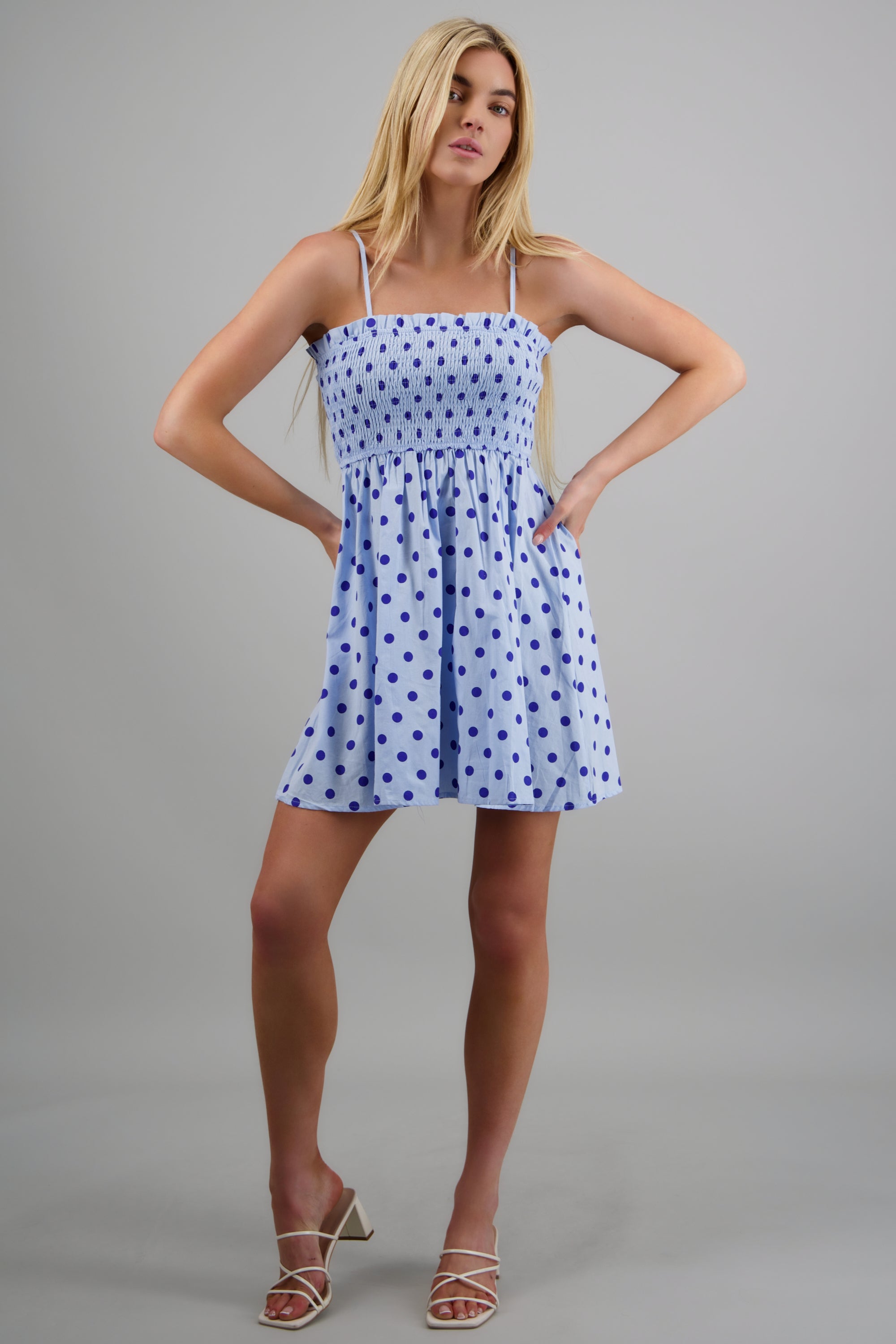 Vestido detalle smock con polka dots AZUL COMBO