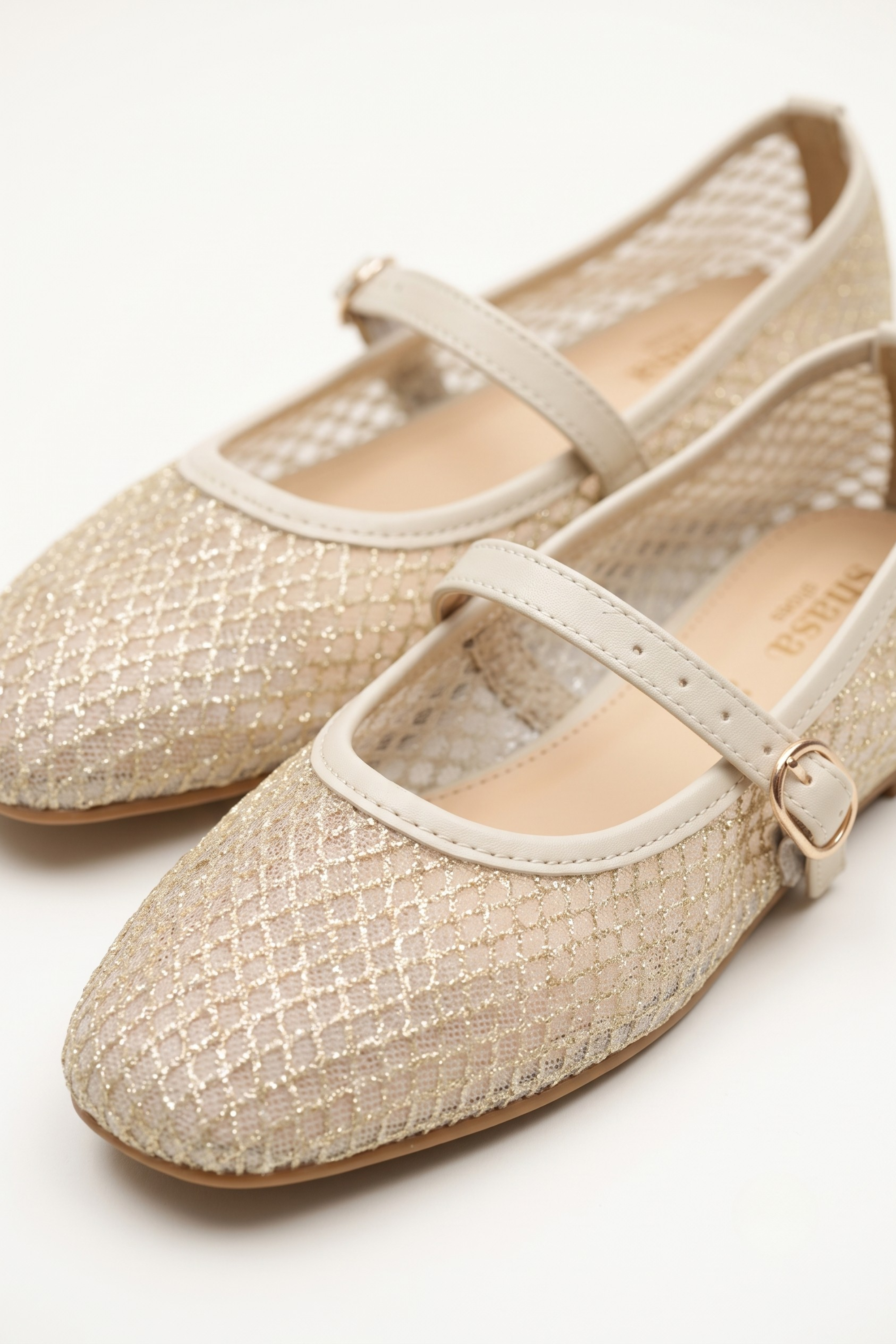 Flat malla brillos mary jane HUESO