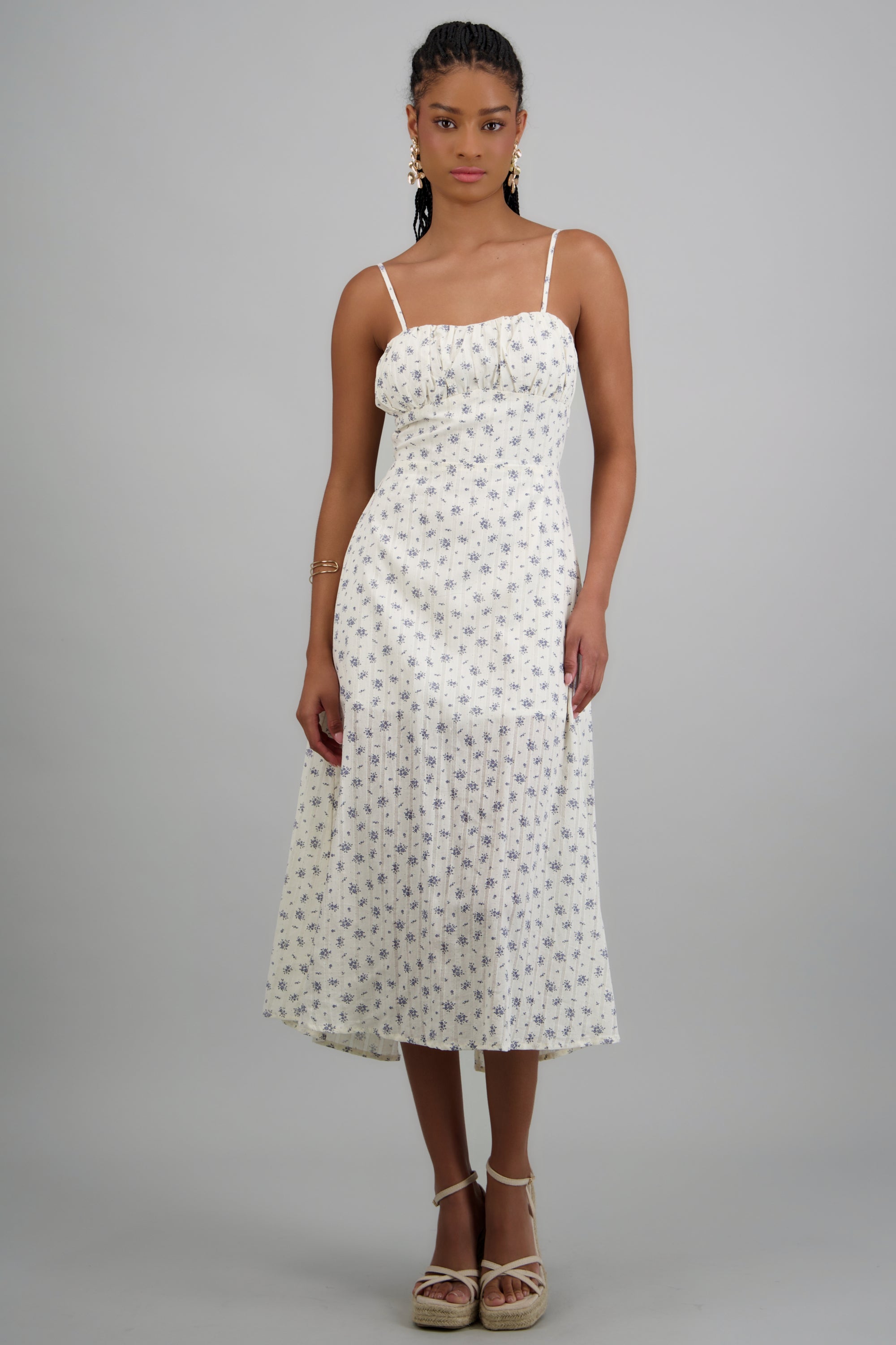 Vestido midi flores textura HUESO COMBO