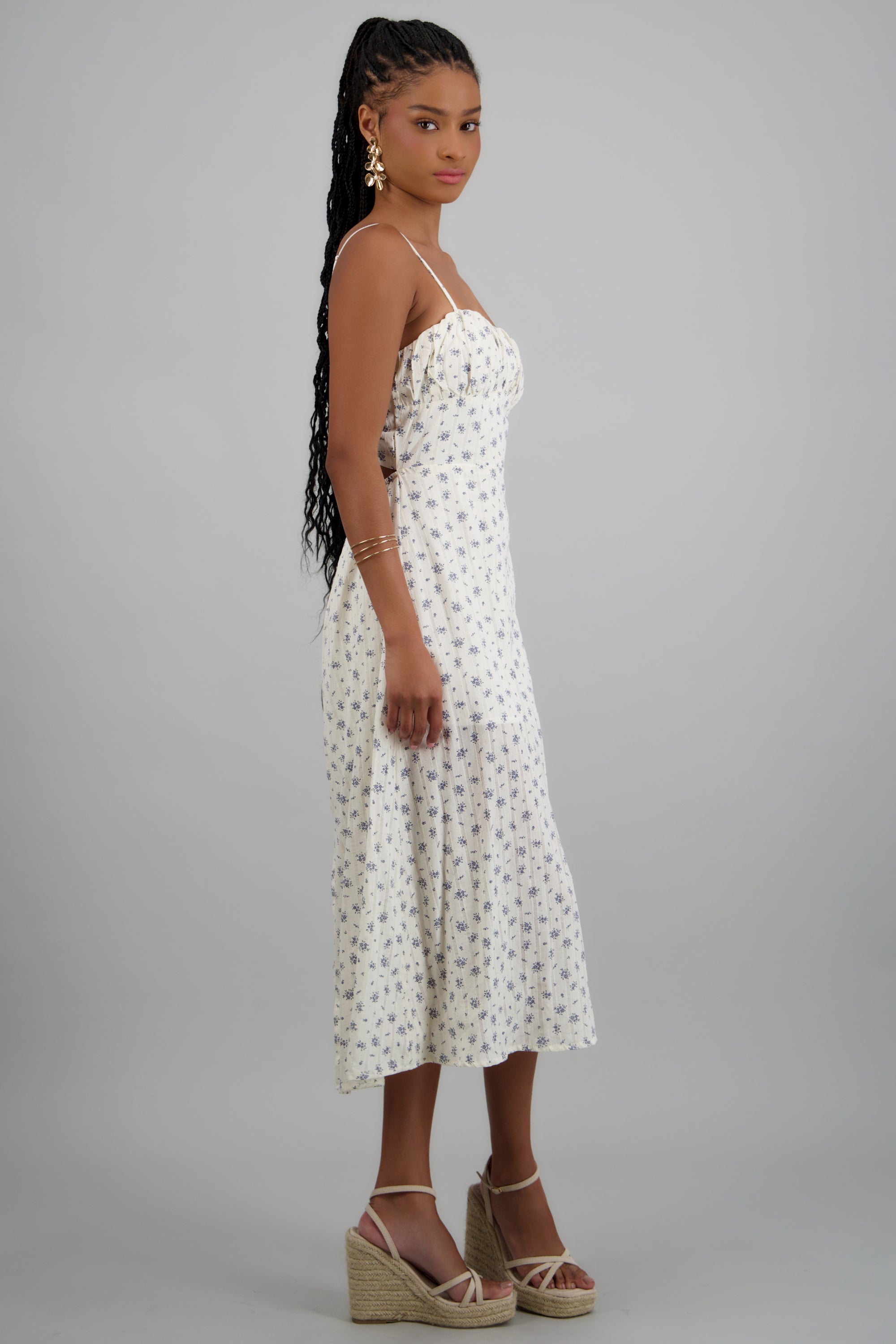 Vestido midi flores textura HUESO COMBO