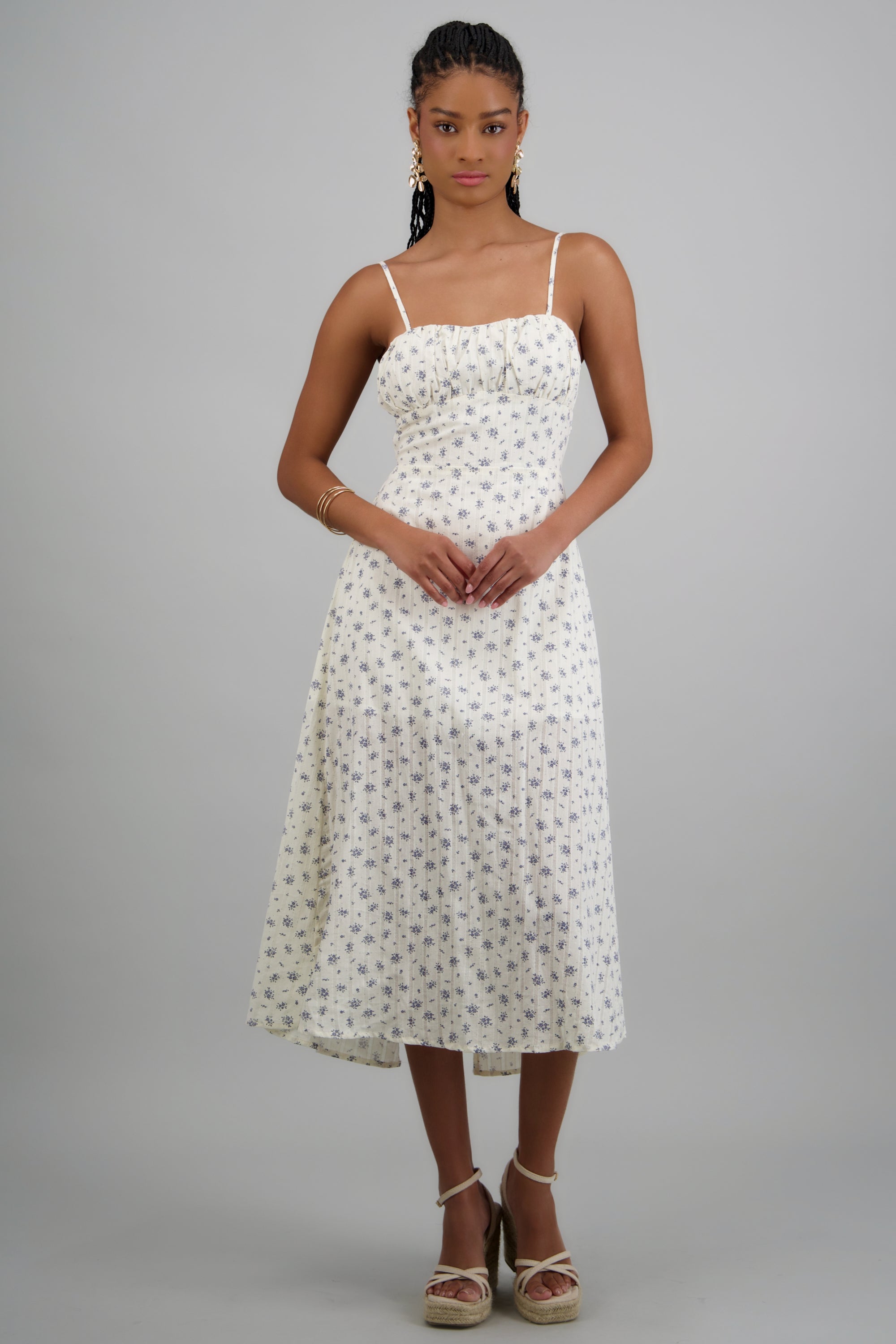 Vestido midi flores textura HUESO COMBO