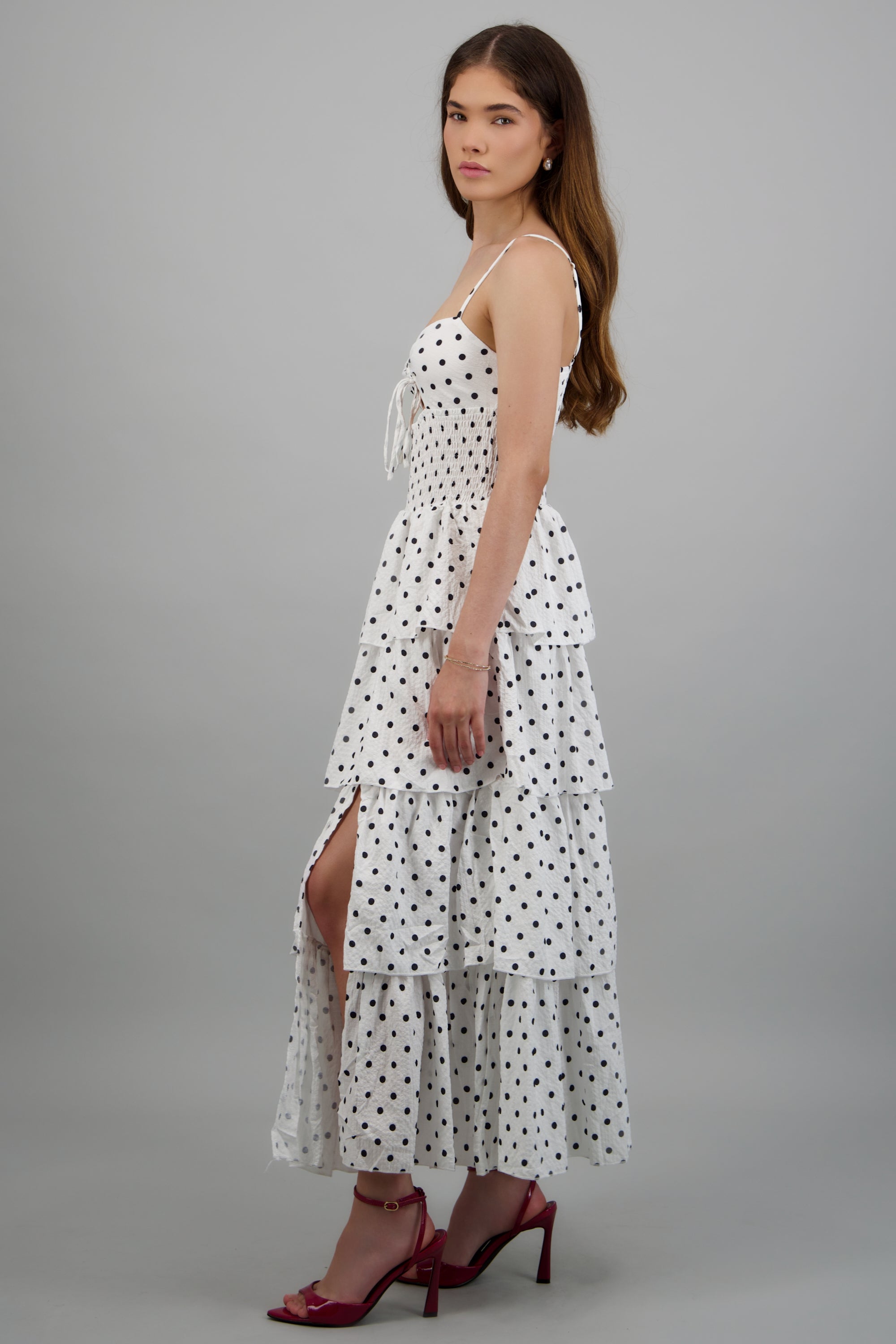 Vestido capas olanes polkas BLANCO COMBO