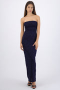 Vestido maxi detalle drapeado encaje brillos