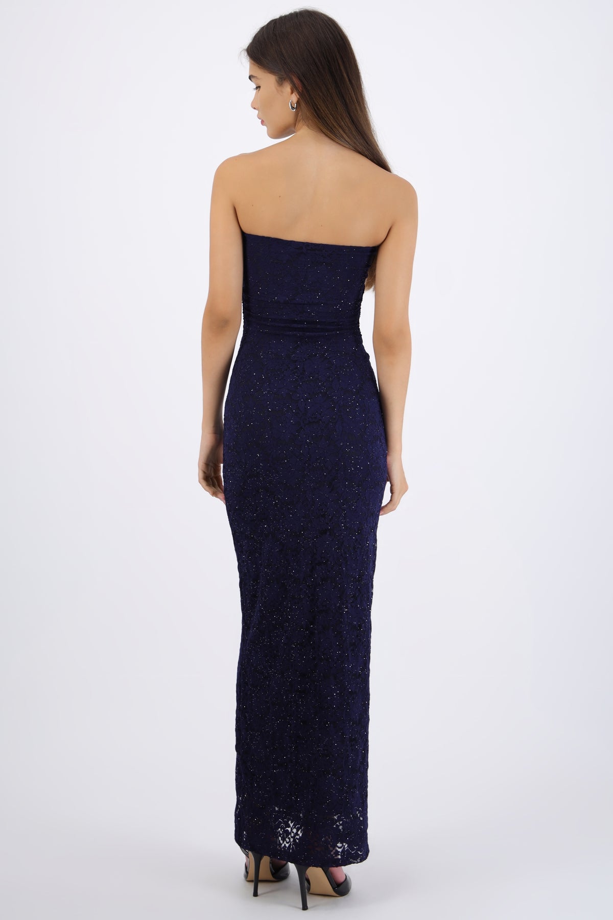 Vestido maxi detalle drapeado encaje brillos AZUL MARINO