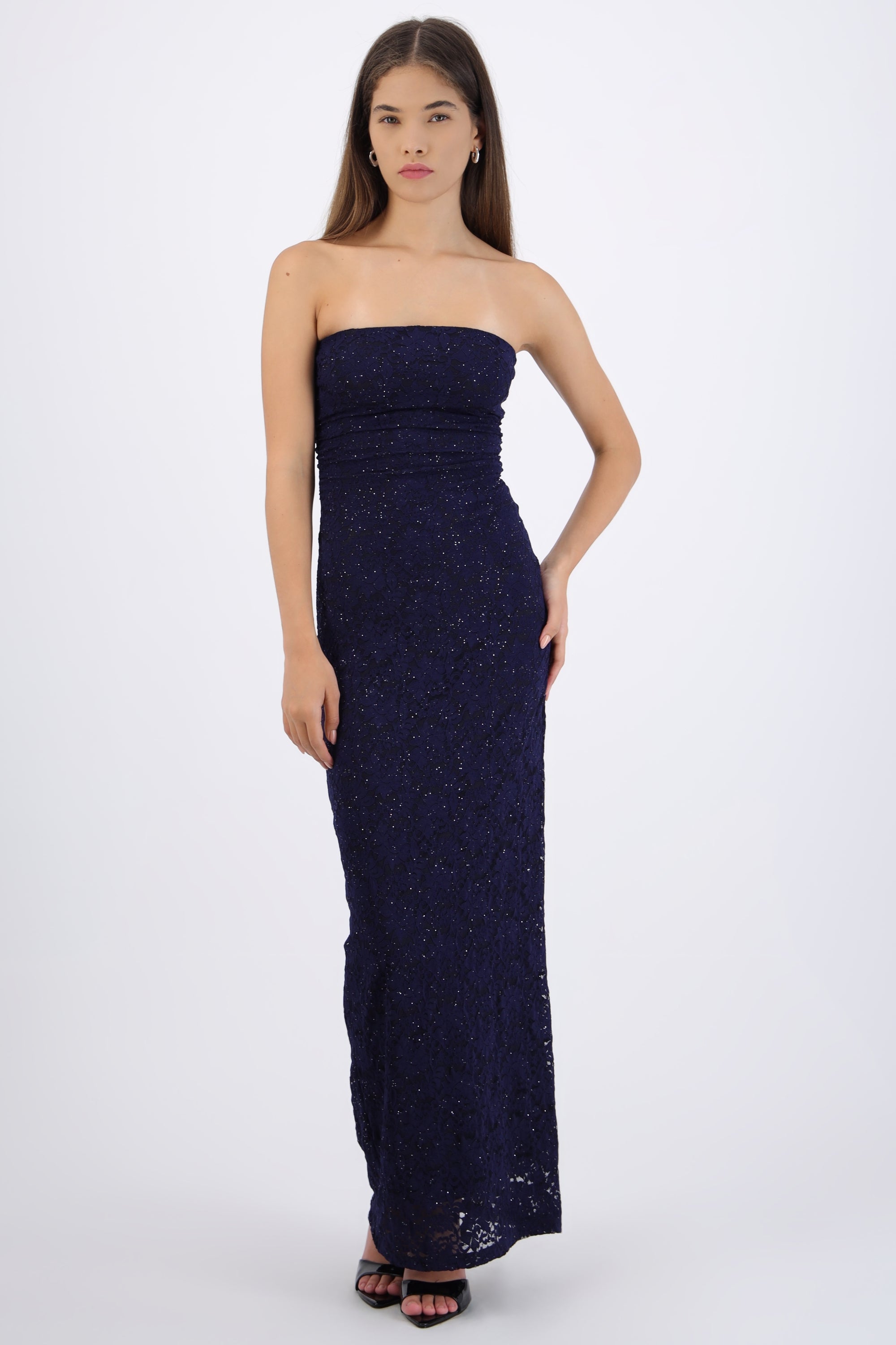 Vestido maxi detalle drapeado encaje brillos AZUL MARINO