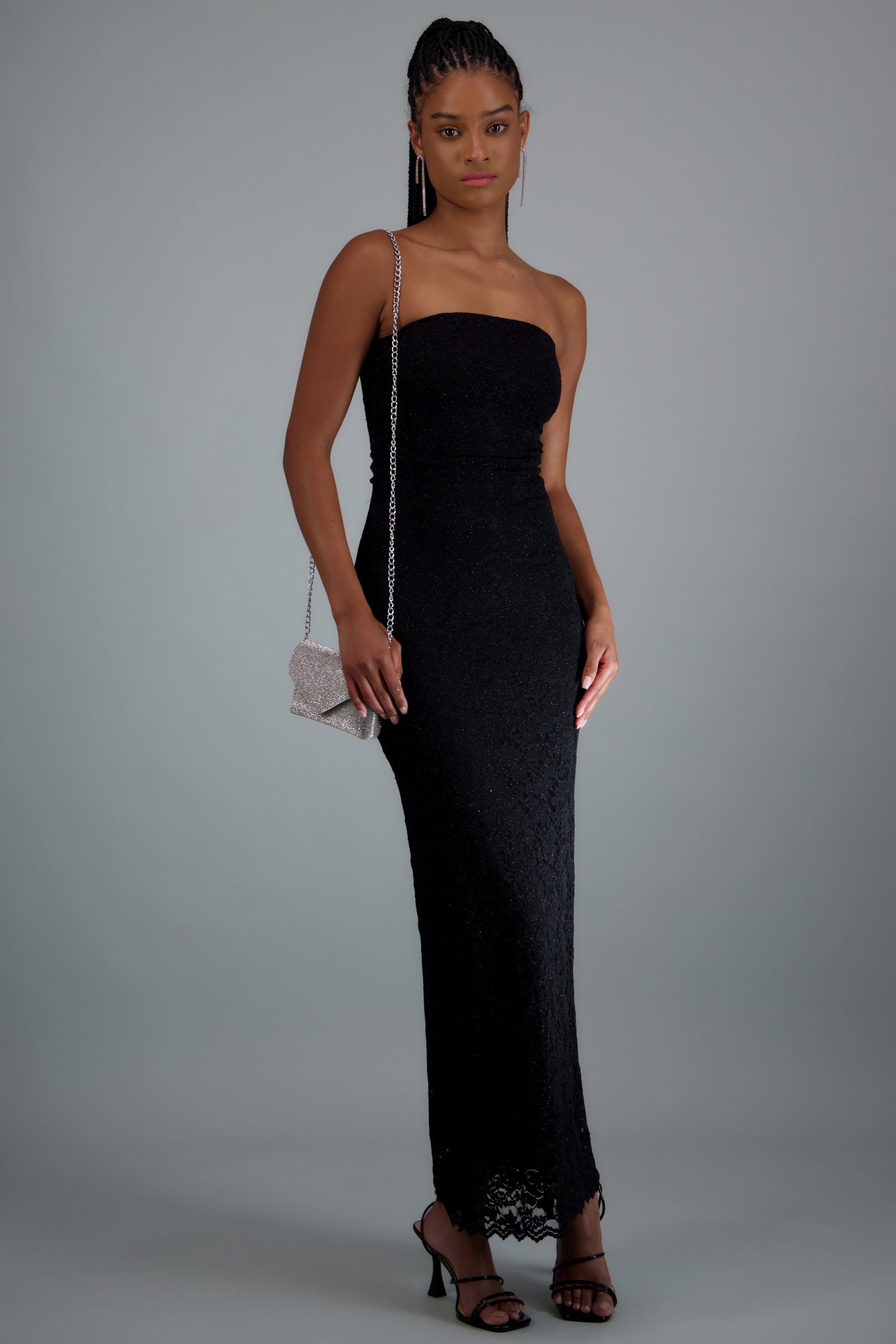Vestido maxi detalle drapeado encaje brillos NEGRO