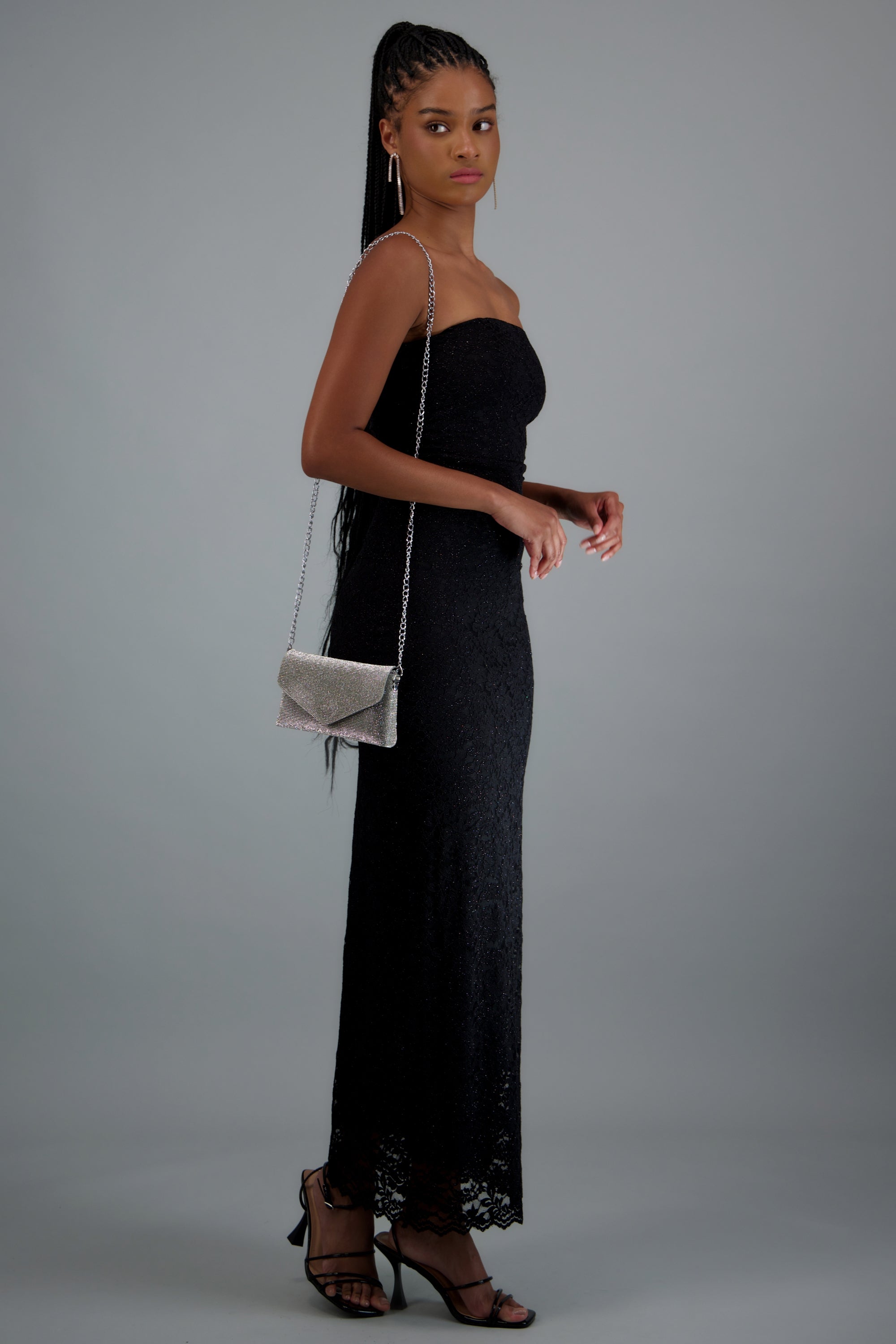 Vestido maxi detalle drapeado encaje brillos NEGRO