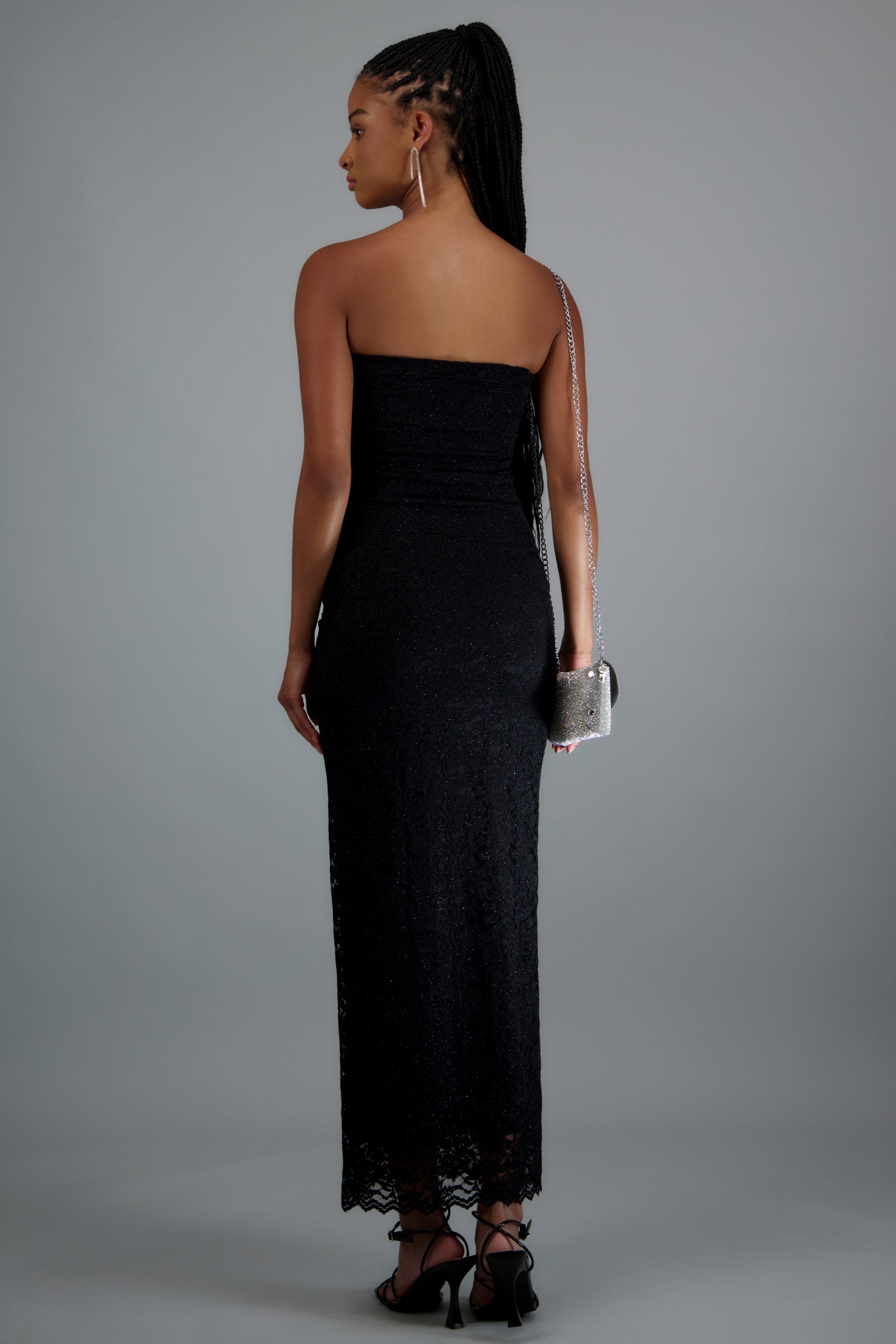 Vestido maxi detalle drapeado encaje brillos NEGRO