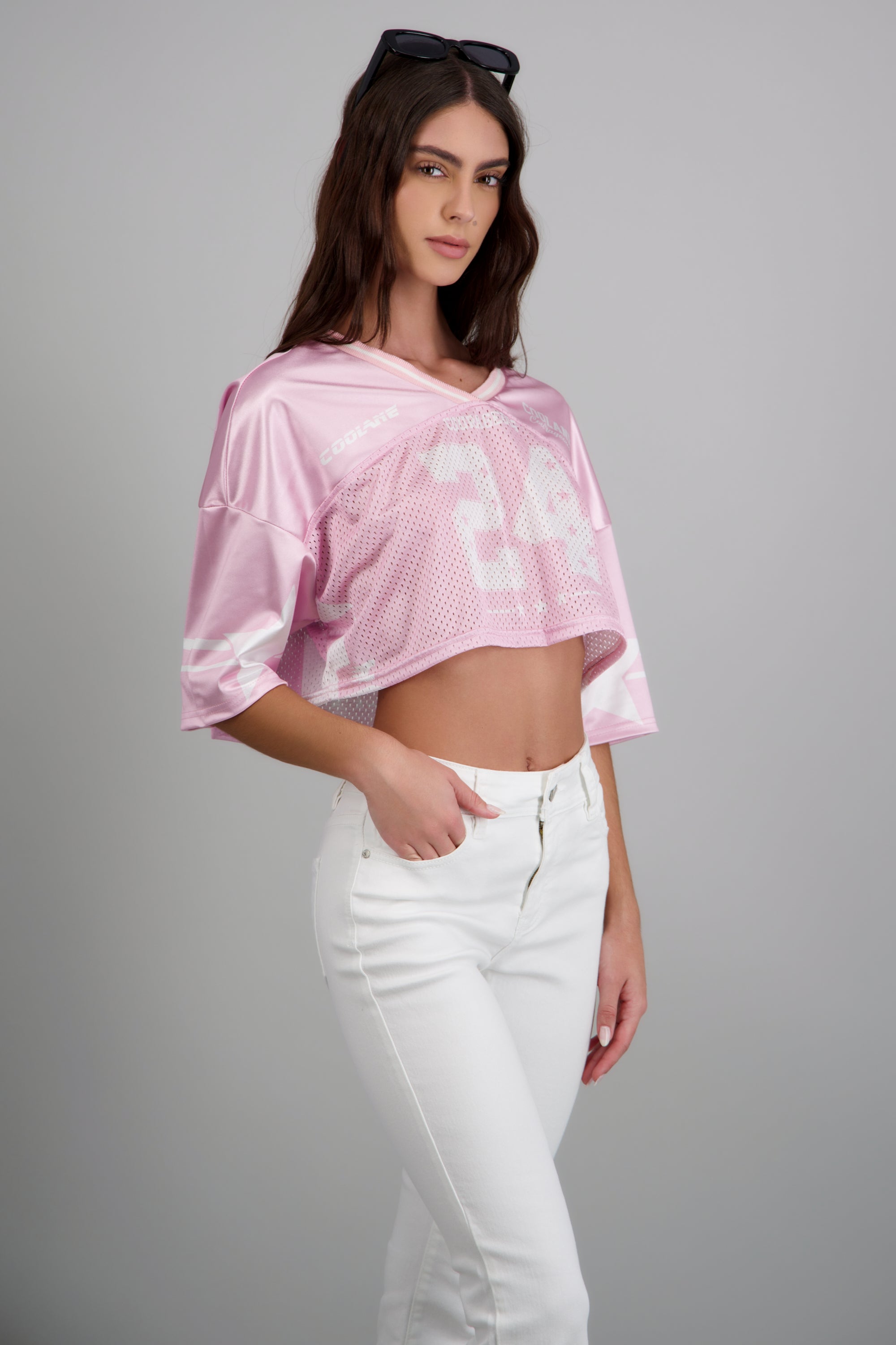 Playera crop deportiva estampada ROSA PASTEL