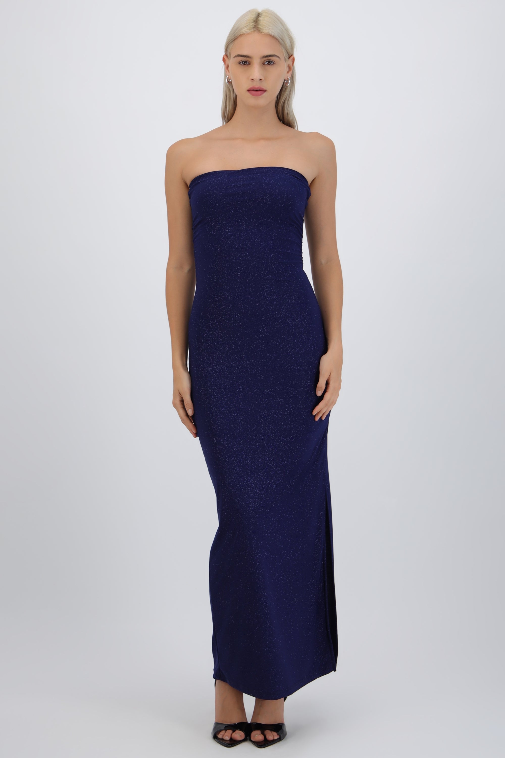 Vestido maxi detalle pliegues brillos