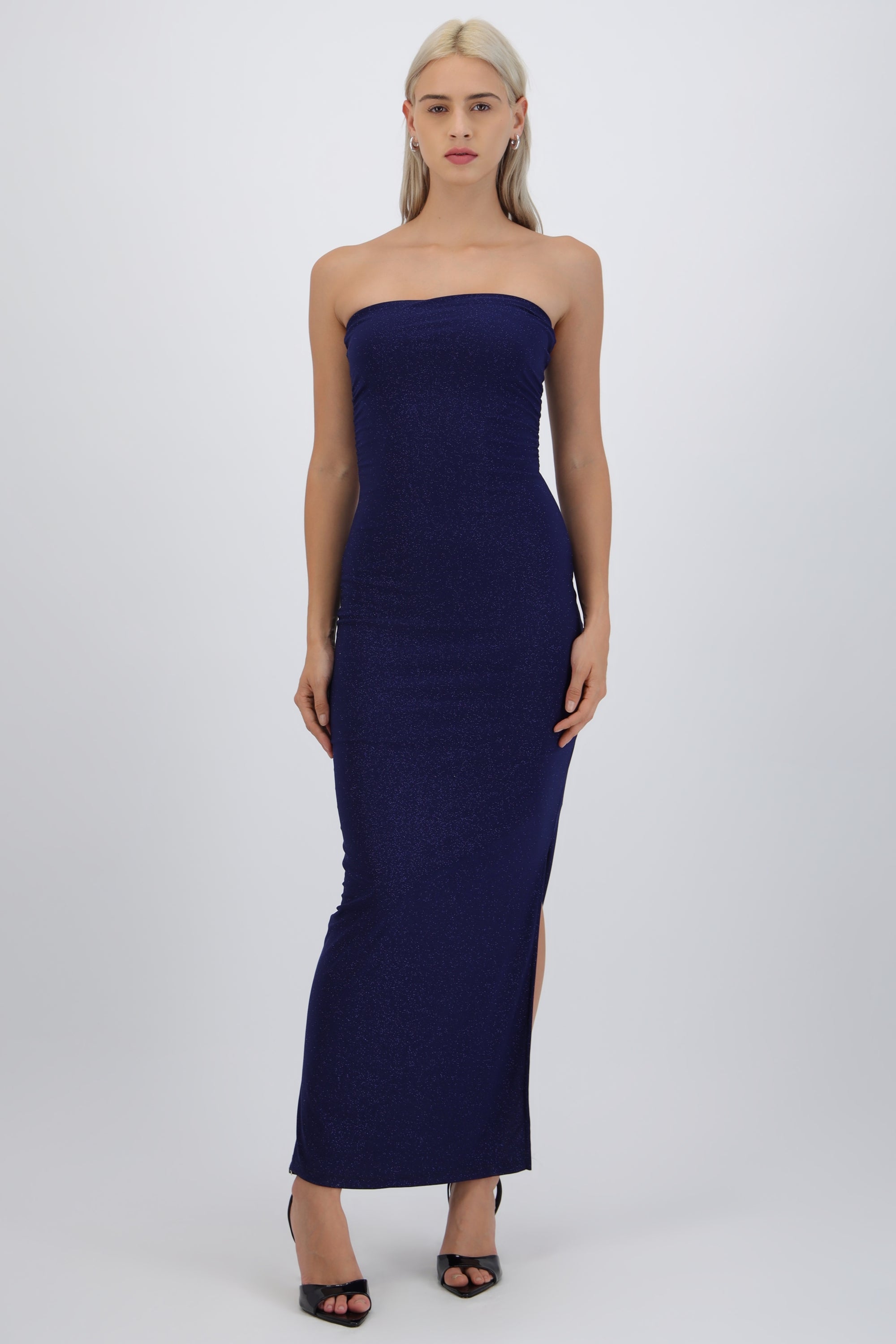 Vestido maxi detalle pliegues brillos