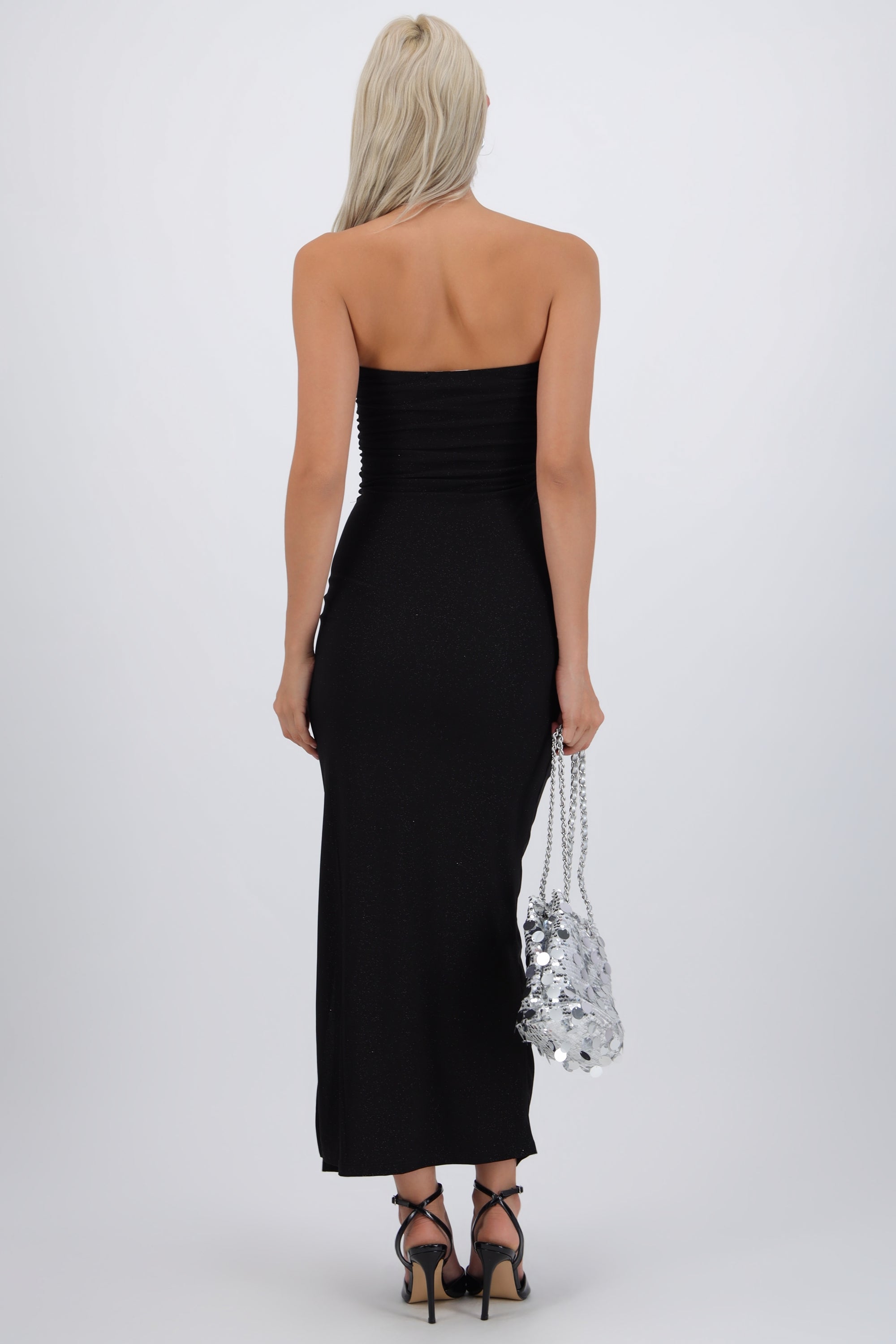 Vestido maxi detalle pliegues brillos