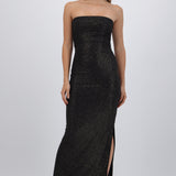Vestido maxi detalle pliegues brillos