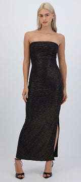 Vestido maxi detalle pliegues brillos