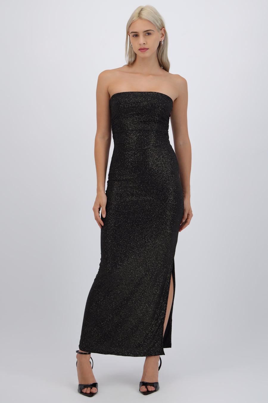 Vestido maxi detalle pliegues brillos