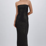 Vestido maxi detalle pliegues brillos