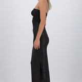 Vestido maxi detalle pliegues brillos
