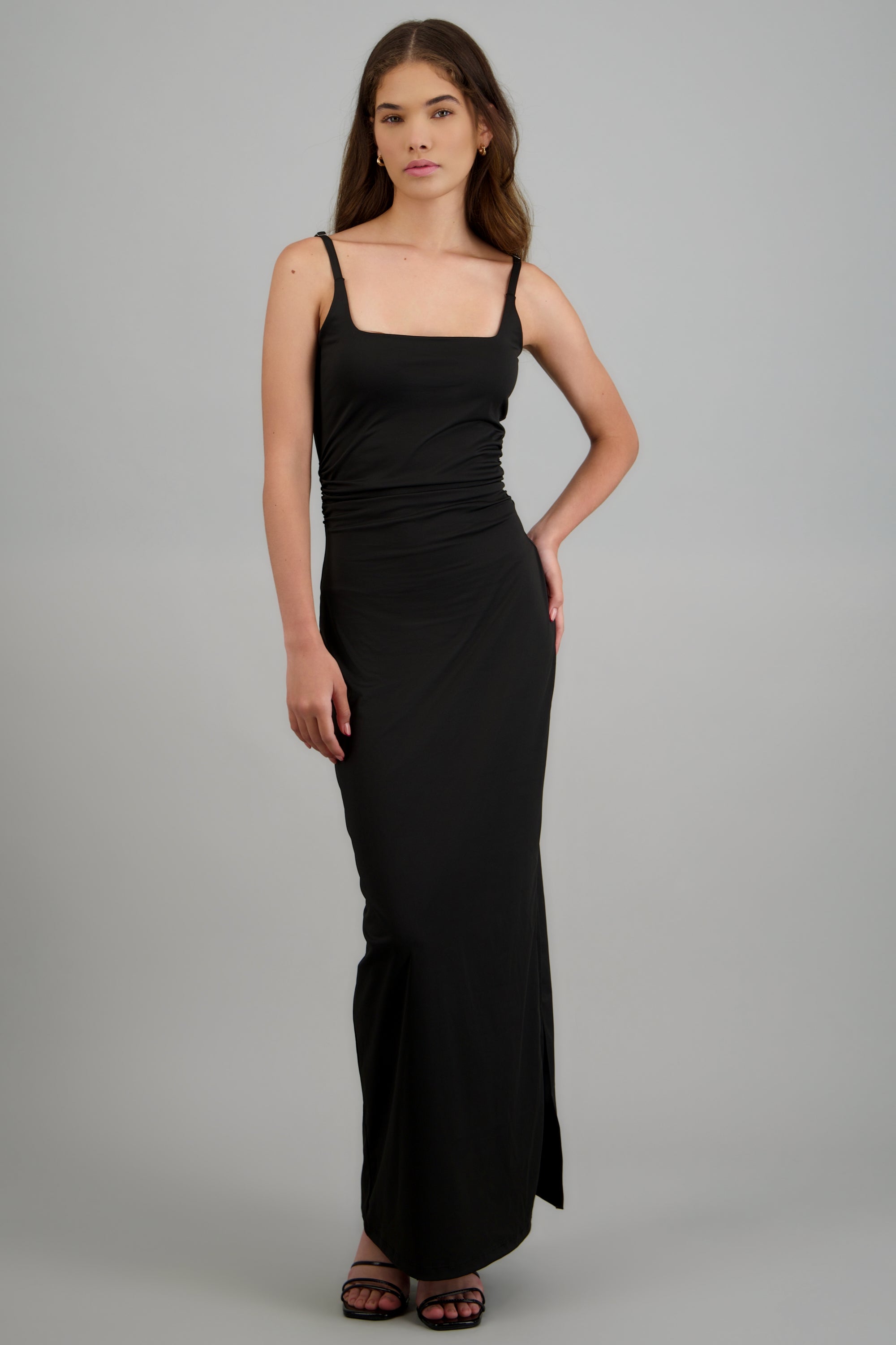Vestido maxi detalle drapeado tirantes NEGRO