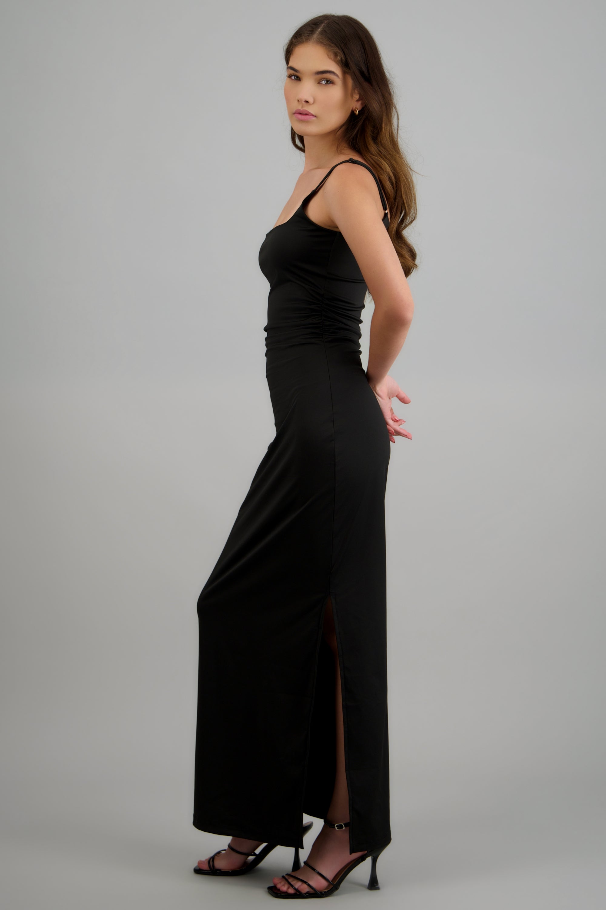 Vestido maxi detalle drapeado tirantes NEGRO