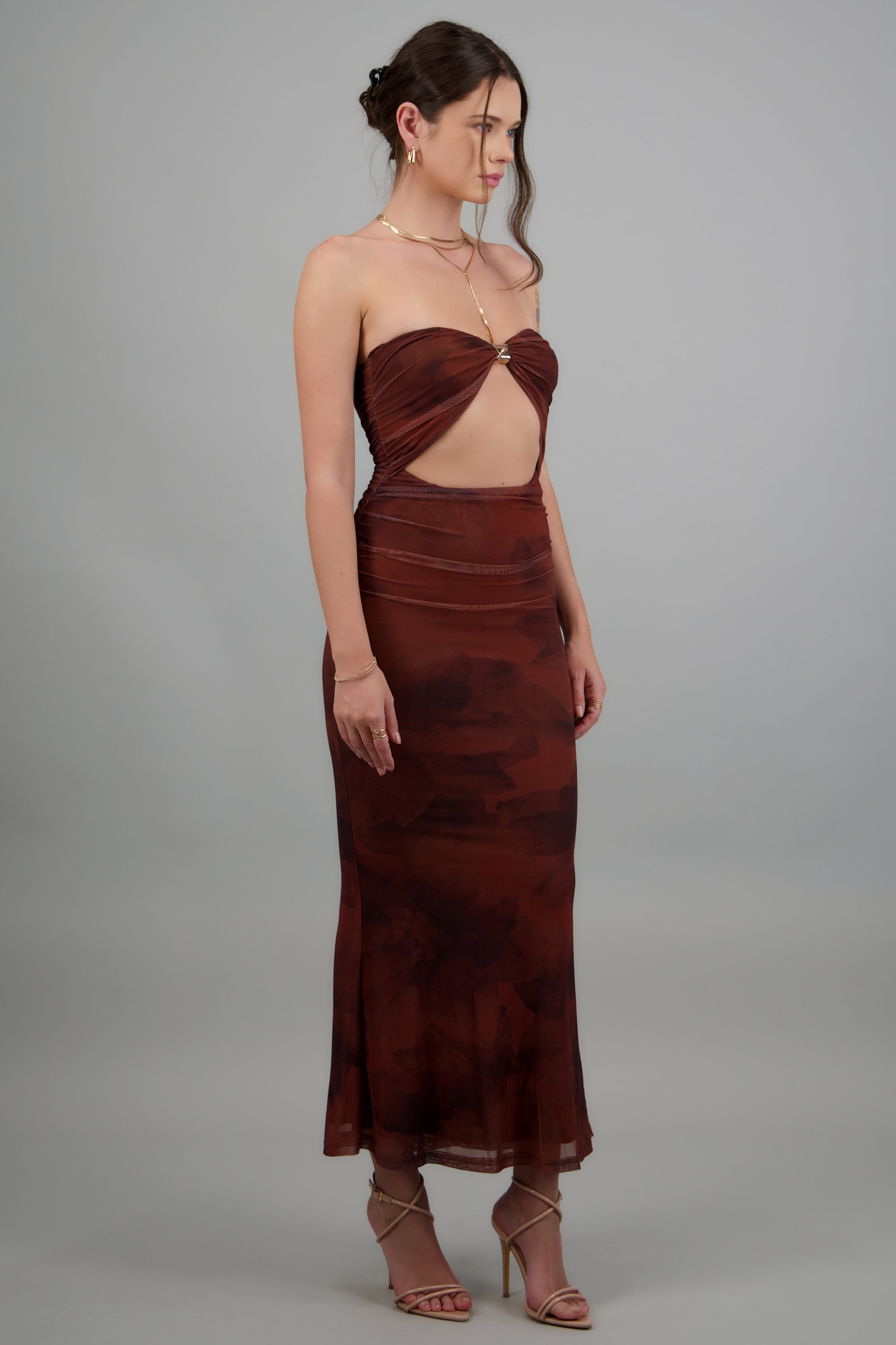 Vestido bandeau mesh con hebilla CAFE