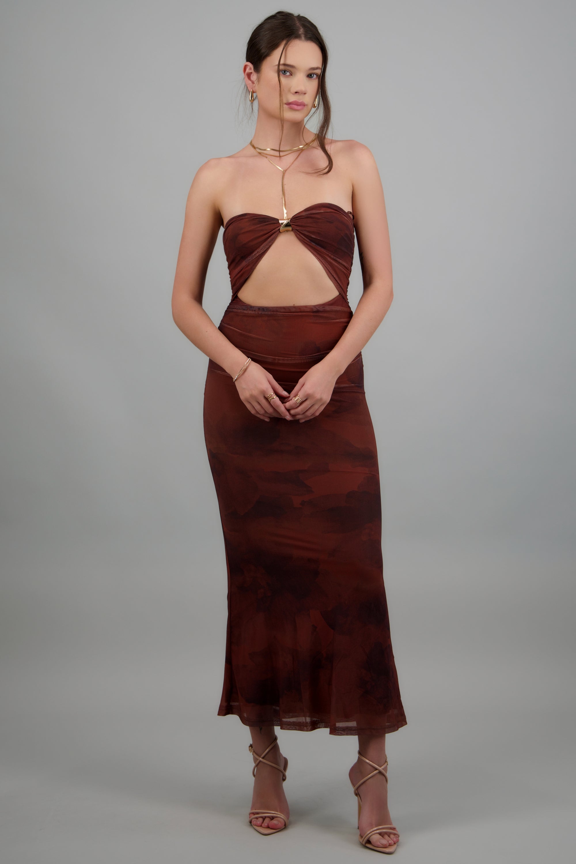 Vestido bandeau mesh con hebilla CAFE