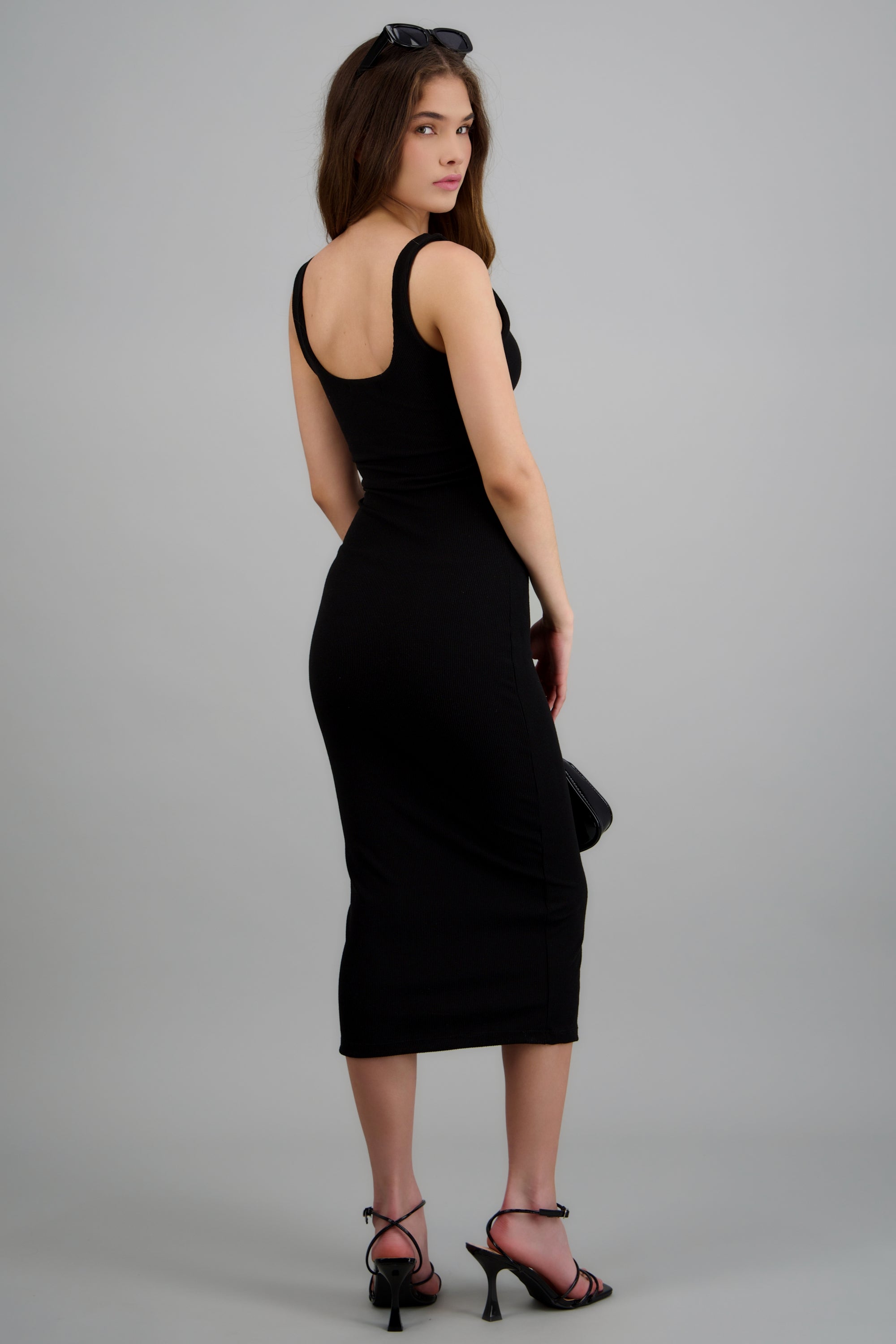 Vestido midi bodycon rib NEGRO