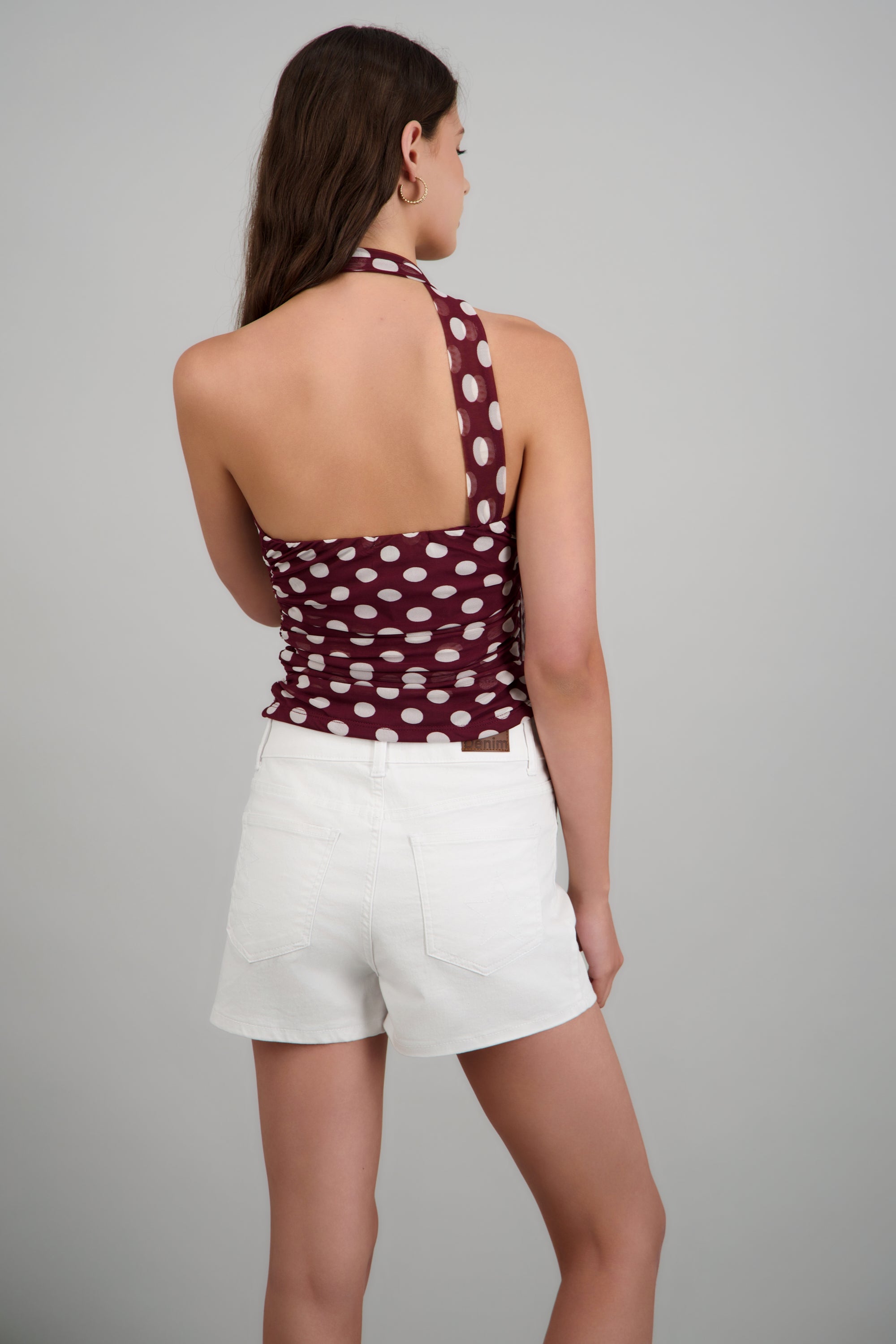 Top strapples drapeado detalle bufanda polka CIRUELA