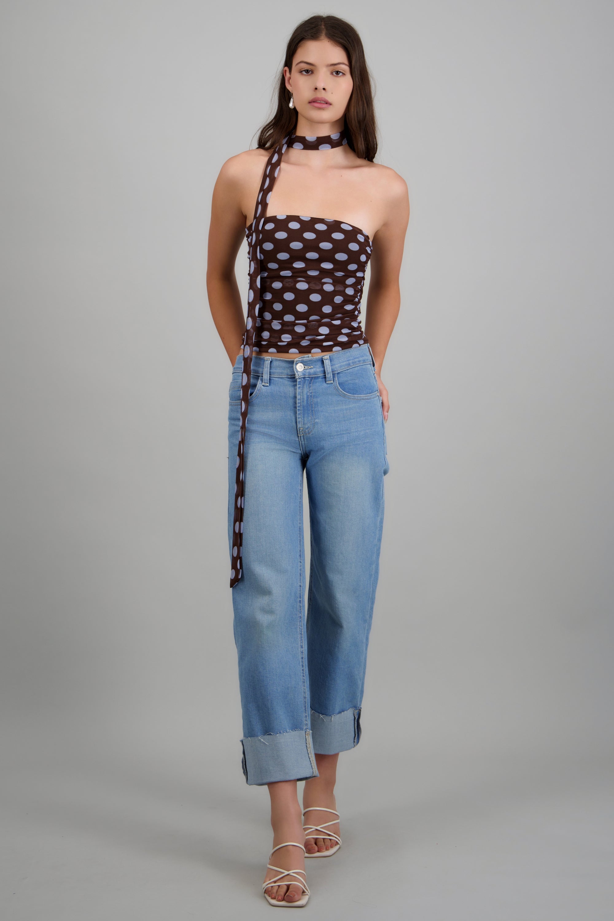 Top strapples drapeado detalle bufanda polka CAFE COMBO