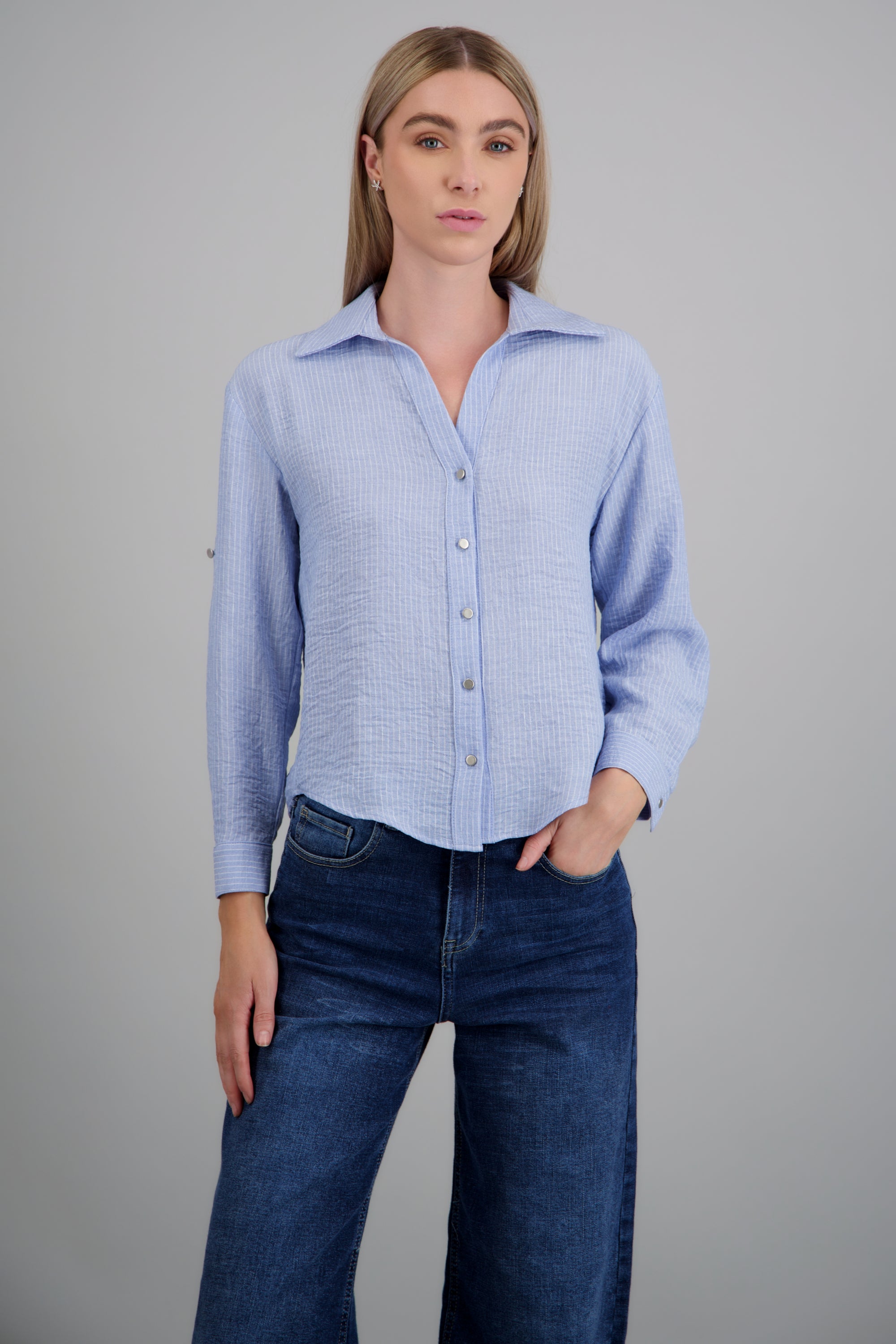 camisa lino rayas detalle botones AZUL COMBO