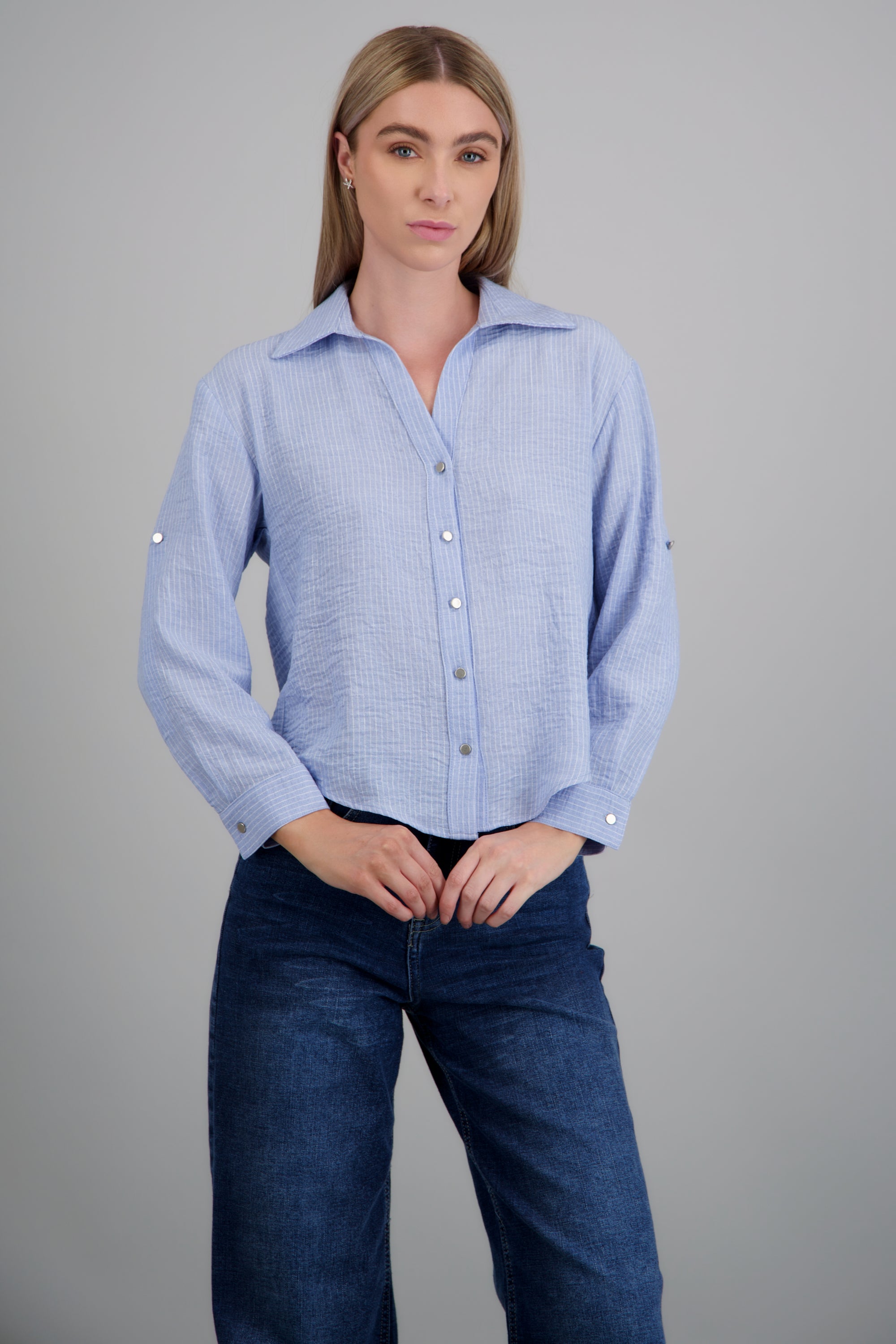 camisa lino rayas detalle botones AZUL COMBO