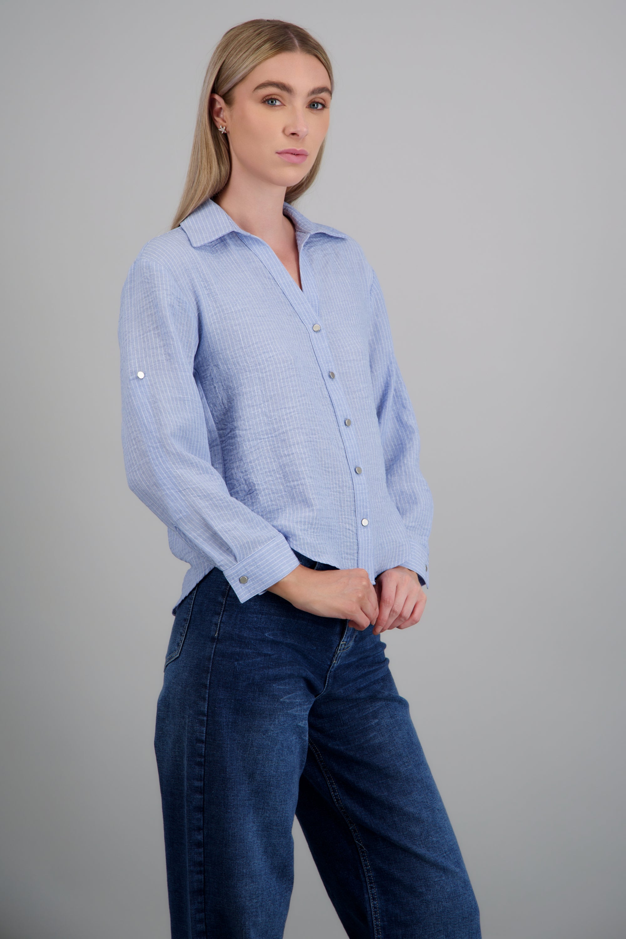 camisa lino rayas detalle botones AZUL COMBO