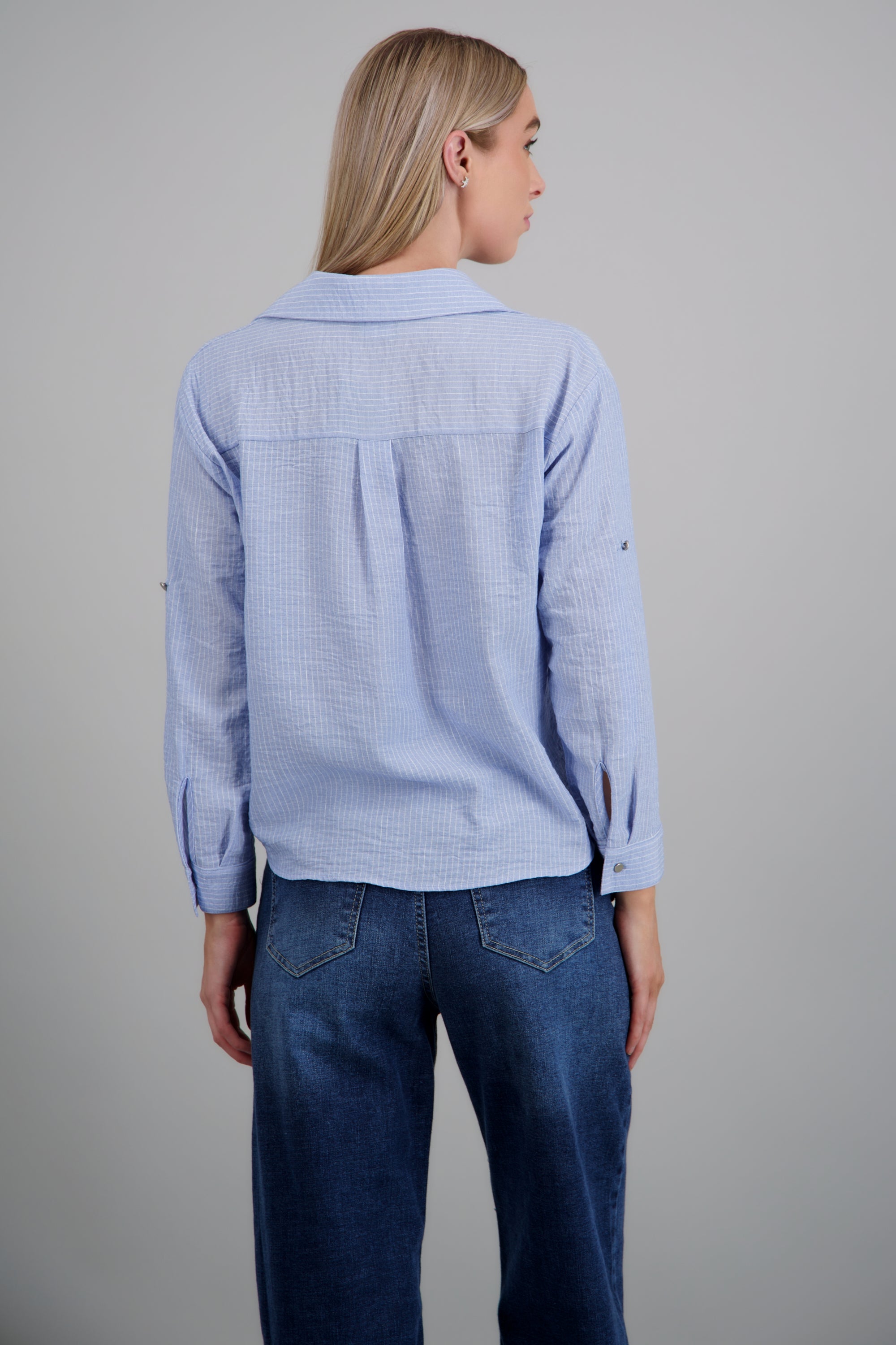 camisa lino rayas detalle botones AZUL COMBO