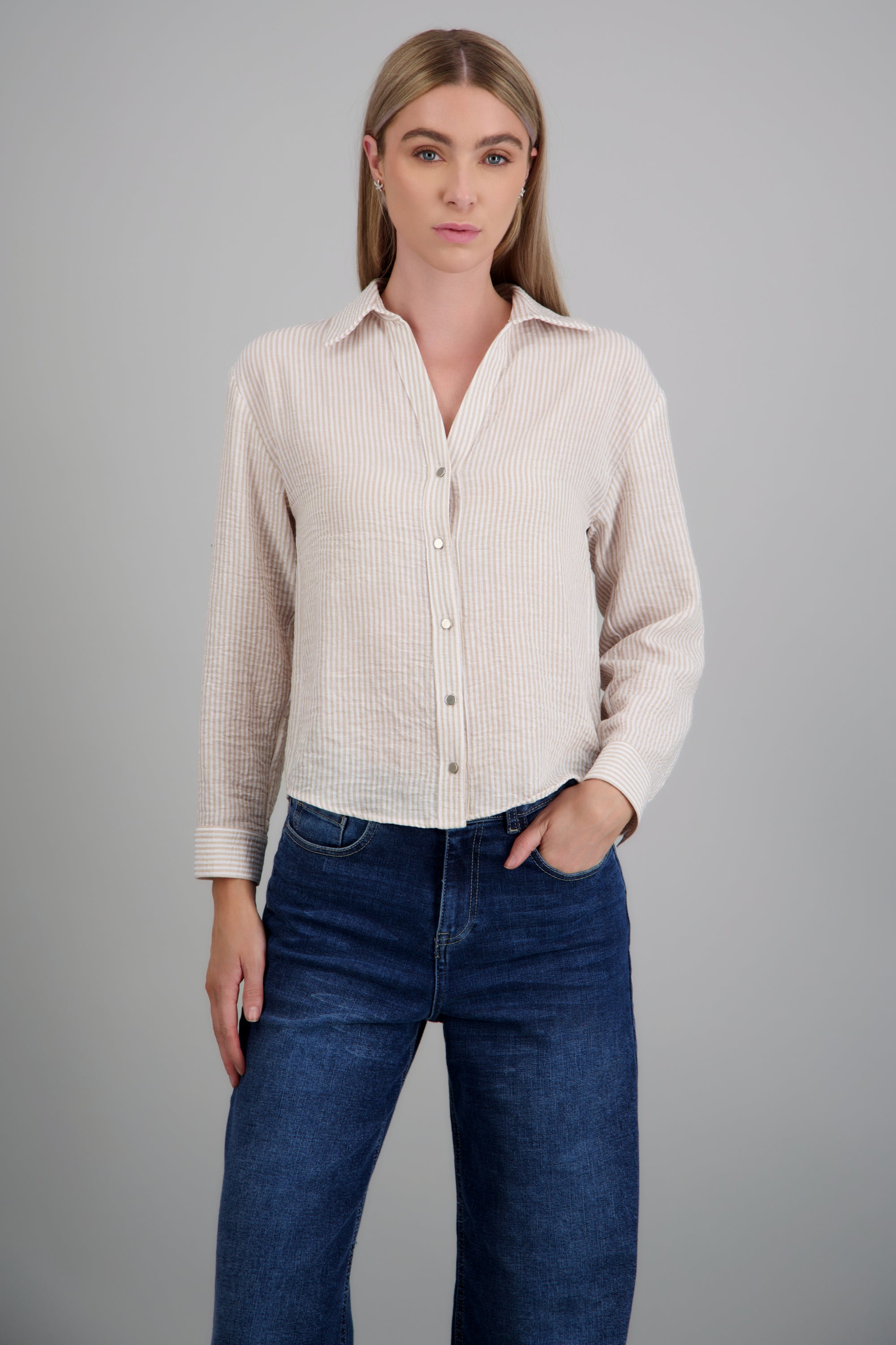 camisa lino rayas detalle botones CAFE COMBO