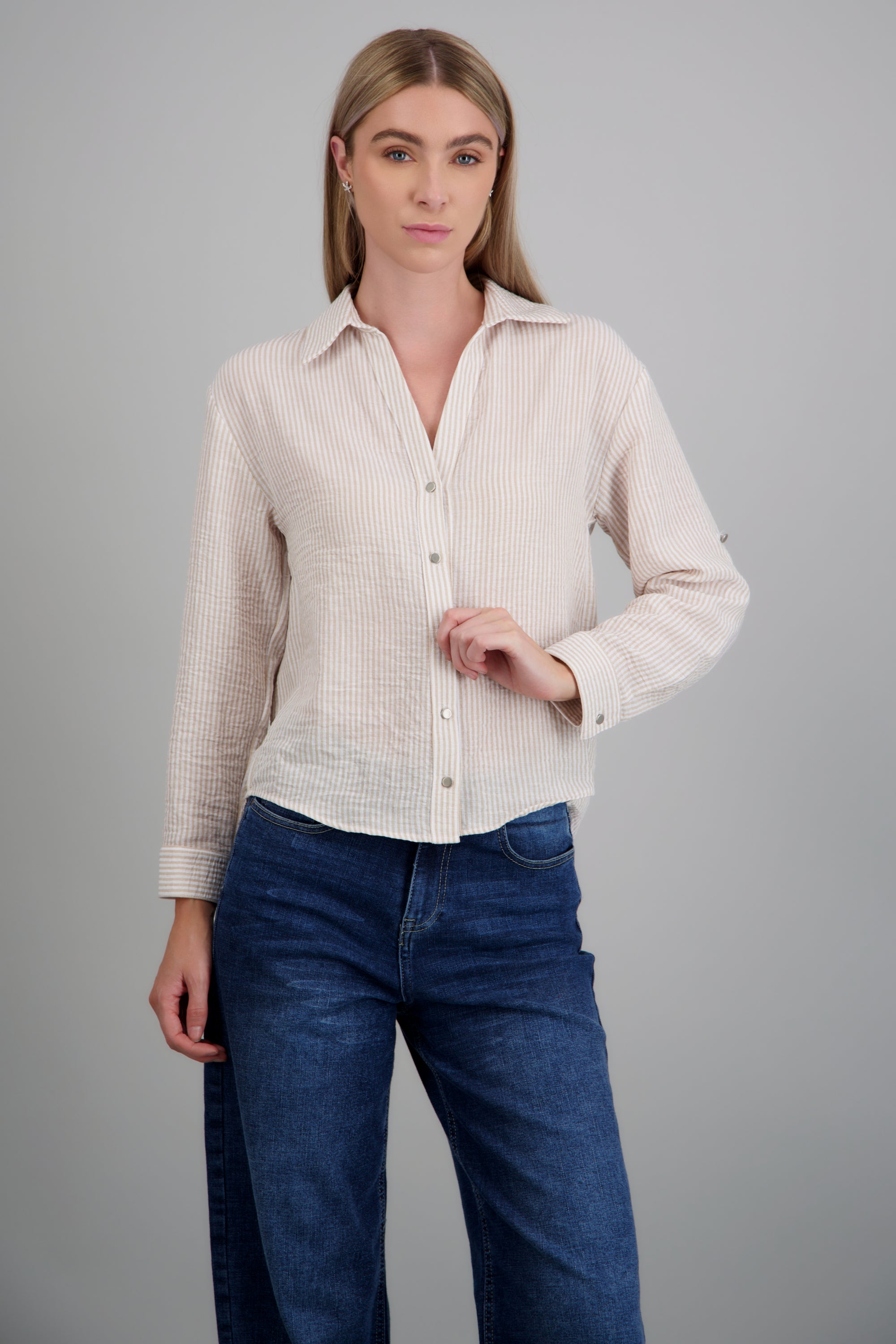 camisa lino rayas detalle botones CAFE COMBO