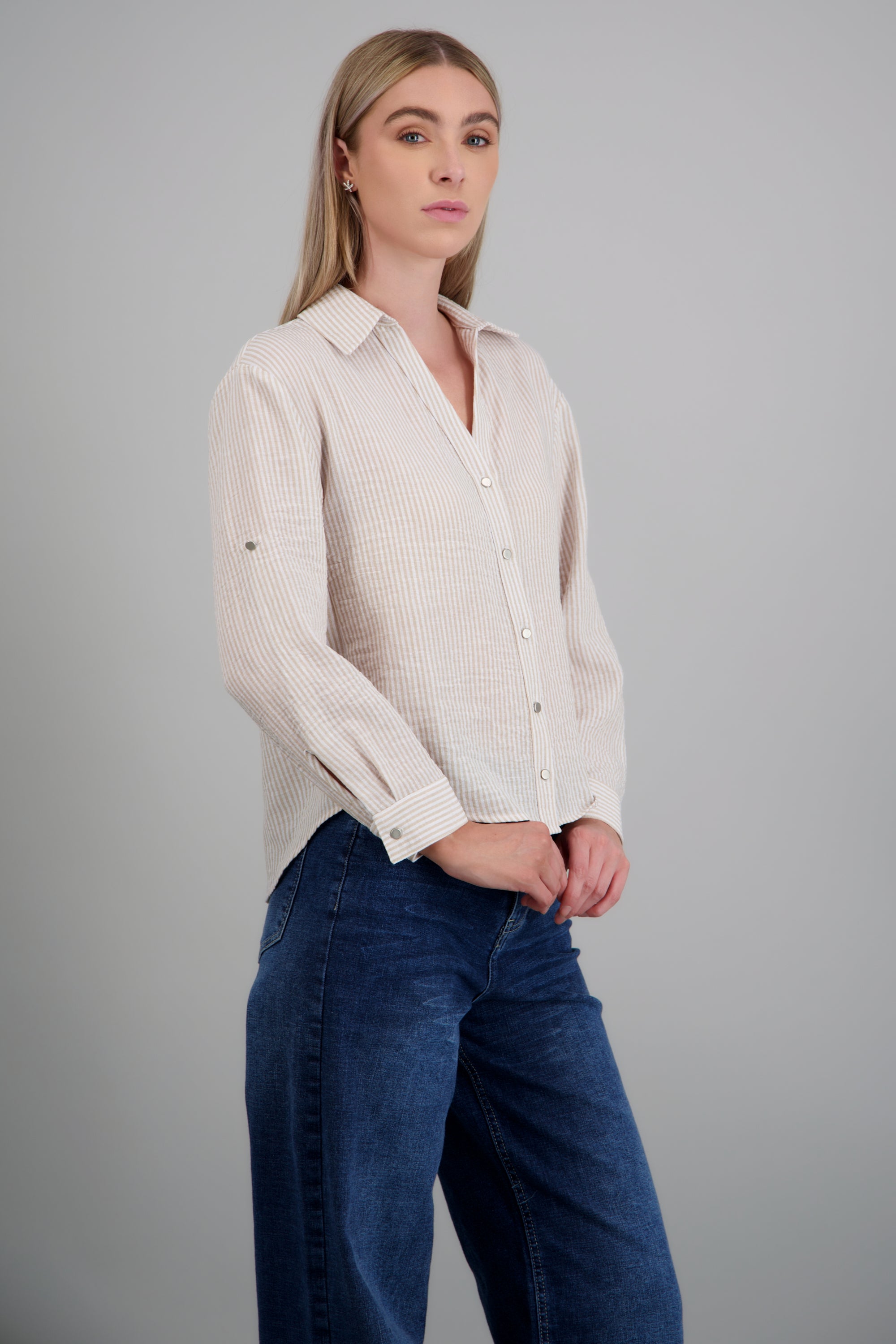 camisa lino rayas detalle botones CAFE COMBO