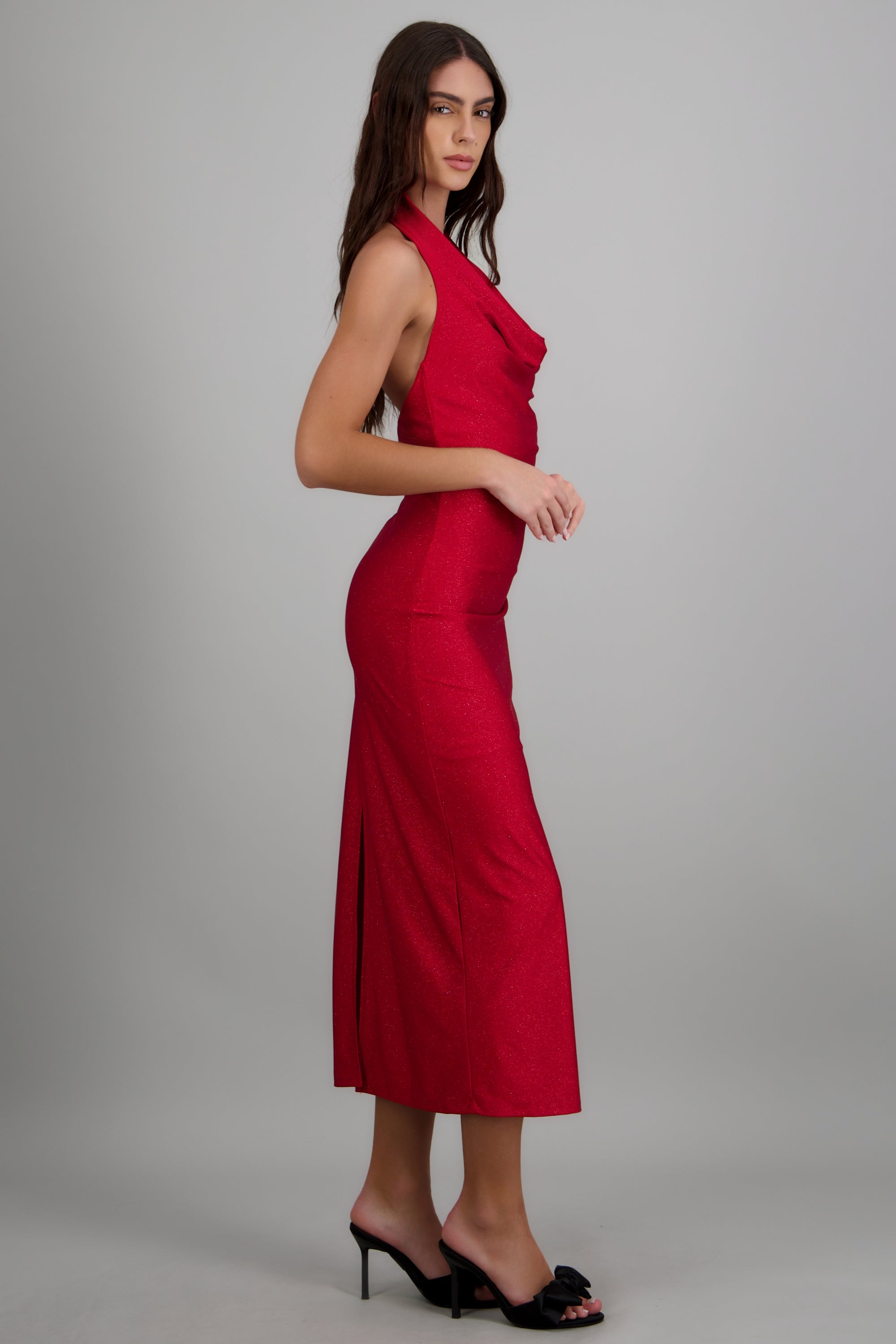 Vestido midi halter brillos ROJO