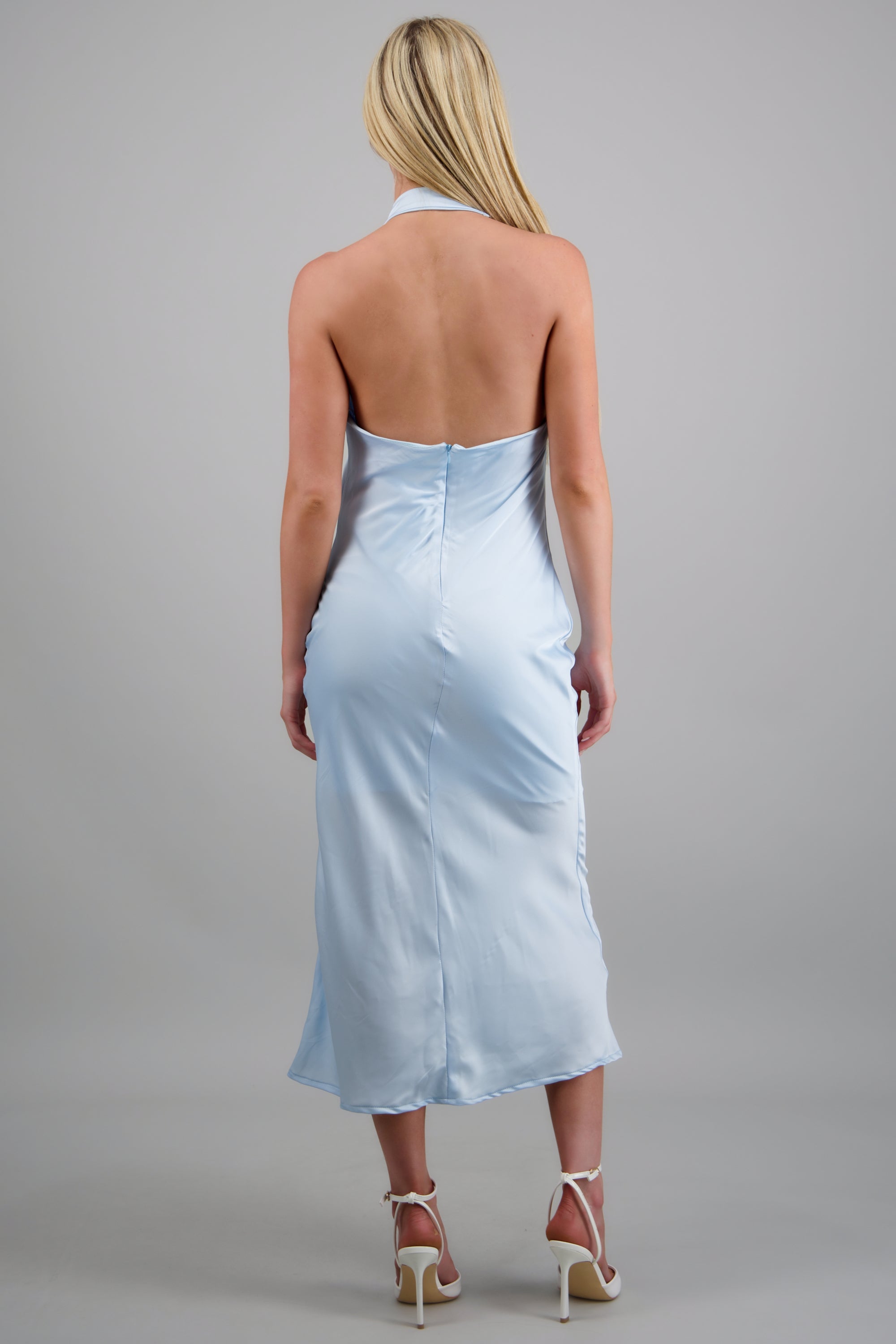 Vestido midi satin escote cascada AZUL PASTEL
