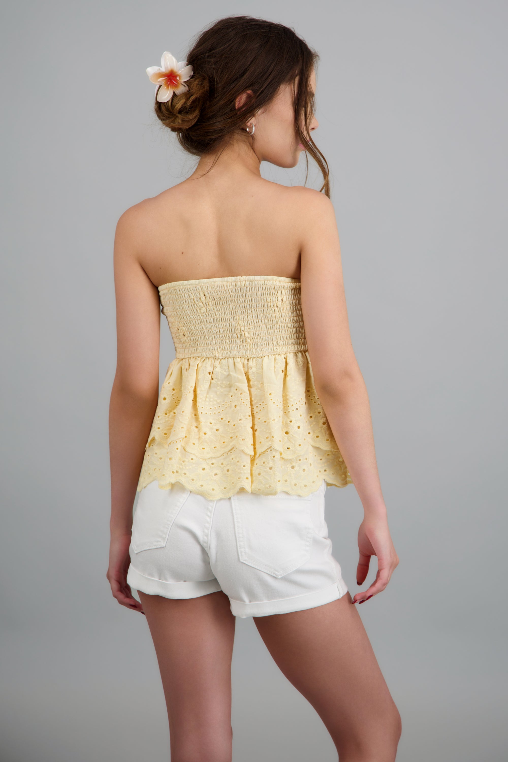 Top strapless mini olanes tela con bordados AMARILLO PASTEL
