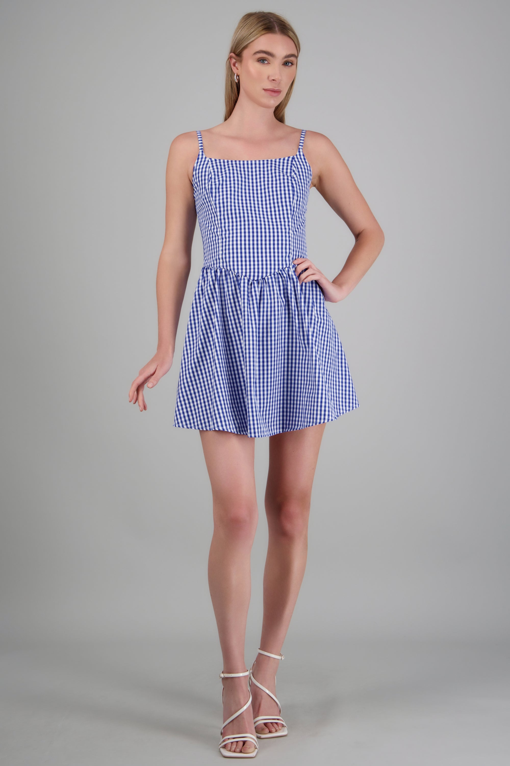 Vestido mini tirantes ginham AZUL COMBO