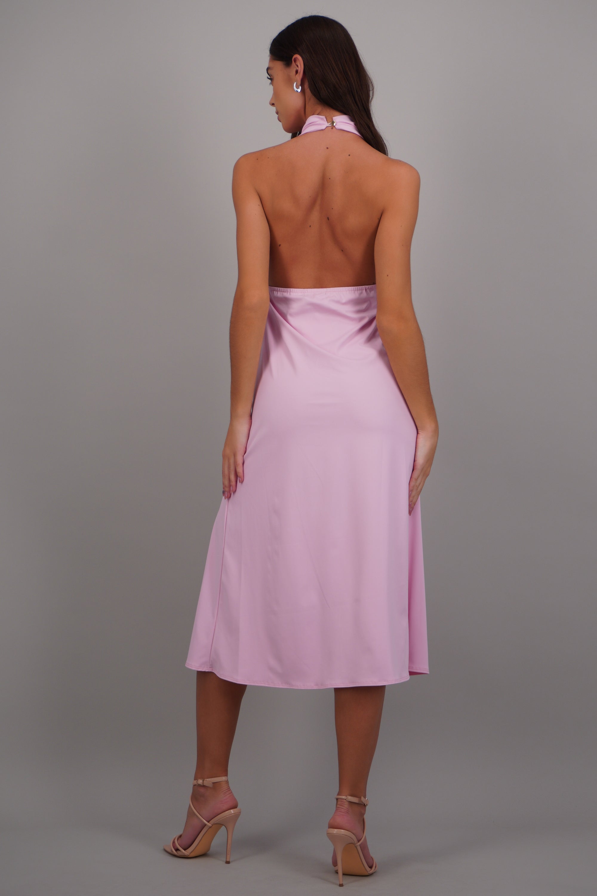 Vestido escote cascada abertura costado ROSA PASTEL
