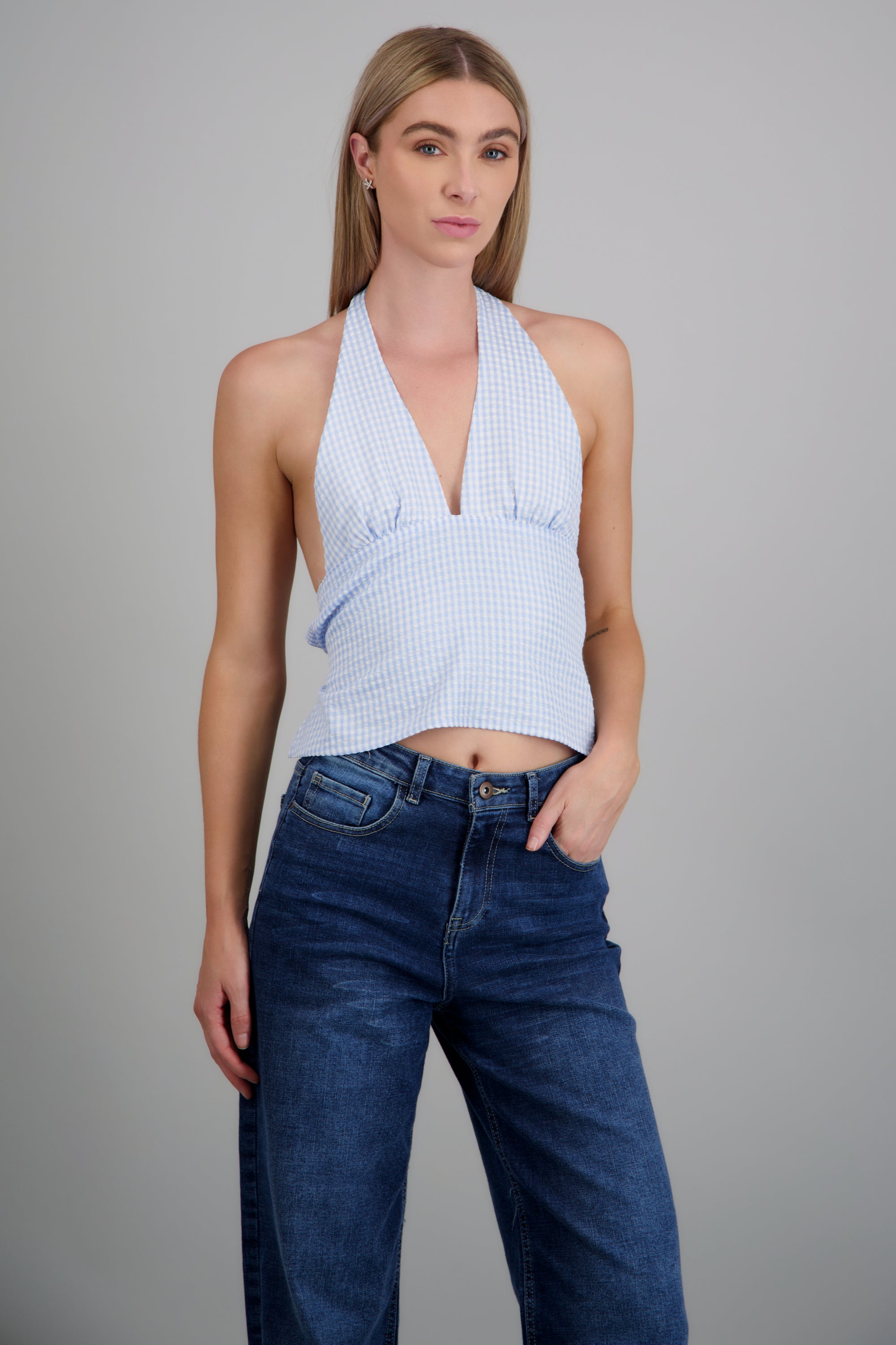 top cuadros escote espalda AZUL COMBO