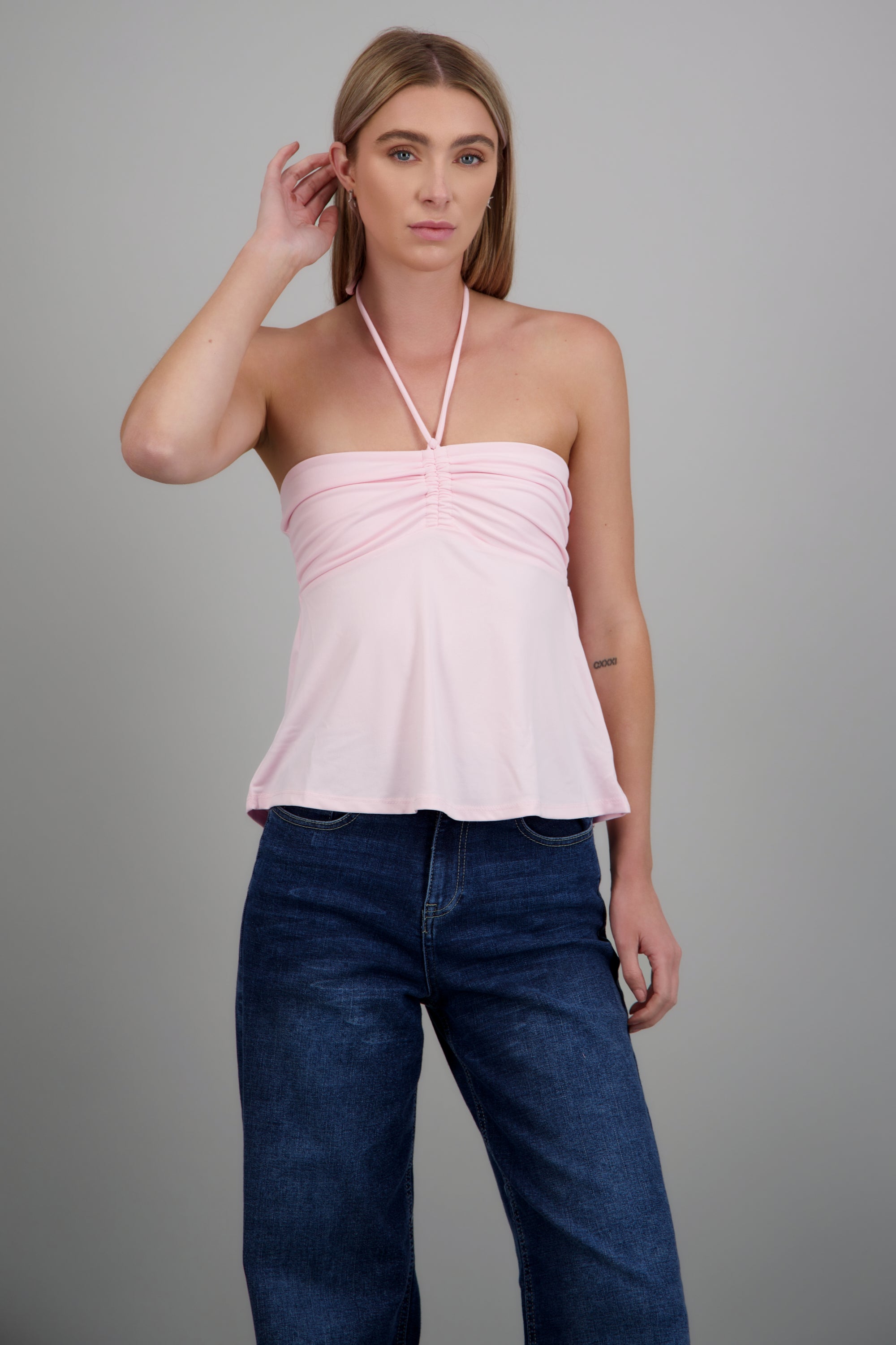 Top halter amarre frunce escote ROSA PASTEL