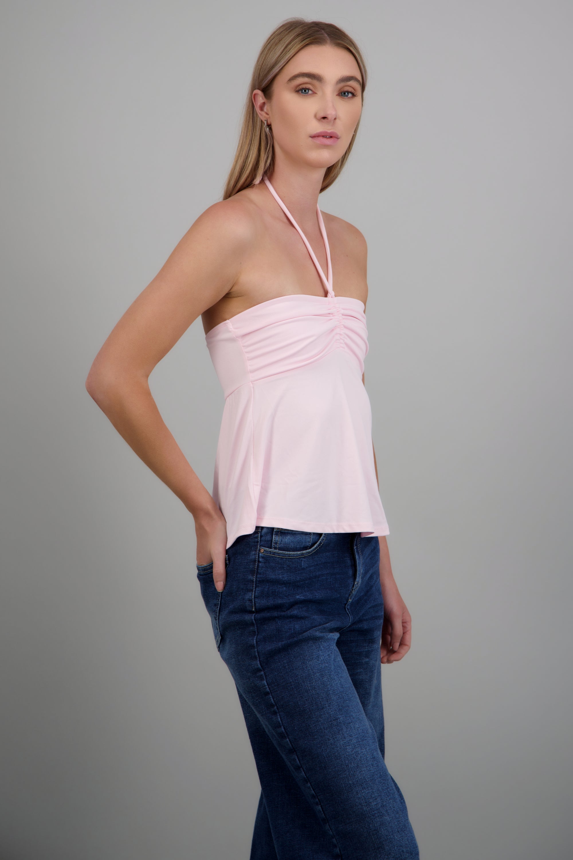Top halter amarre frunce escote ROSA PASTEL