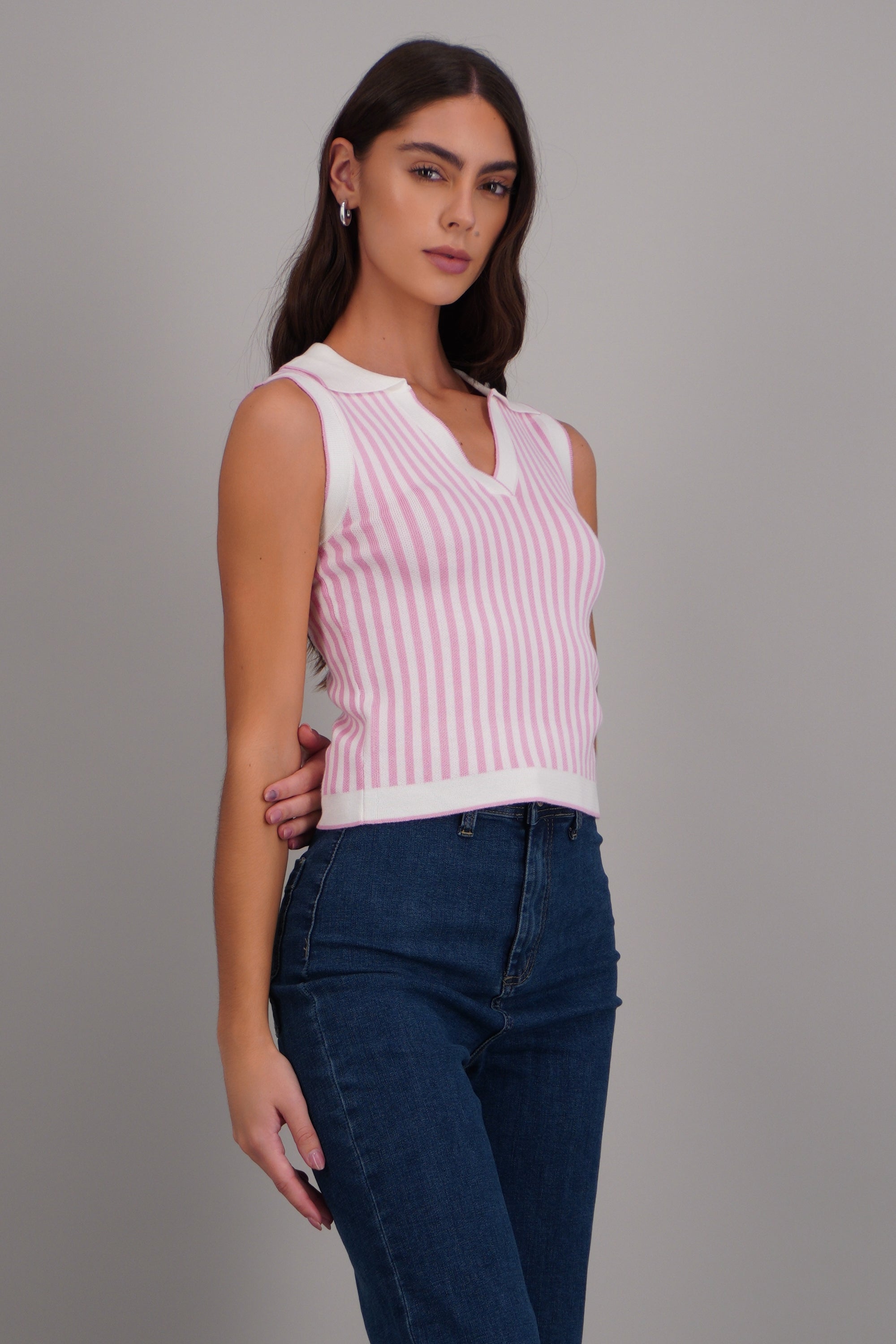Chaleco ligero tejido rayas ROSA COMBO