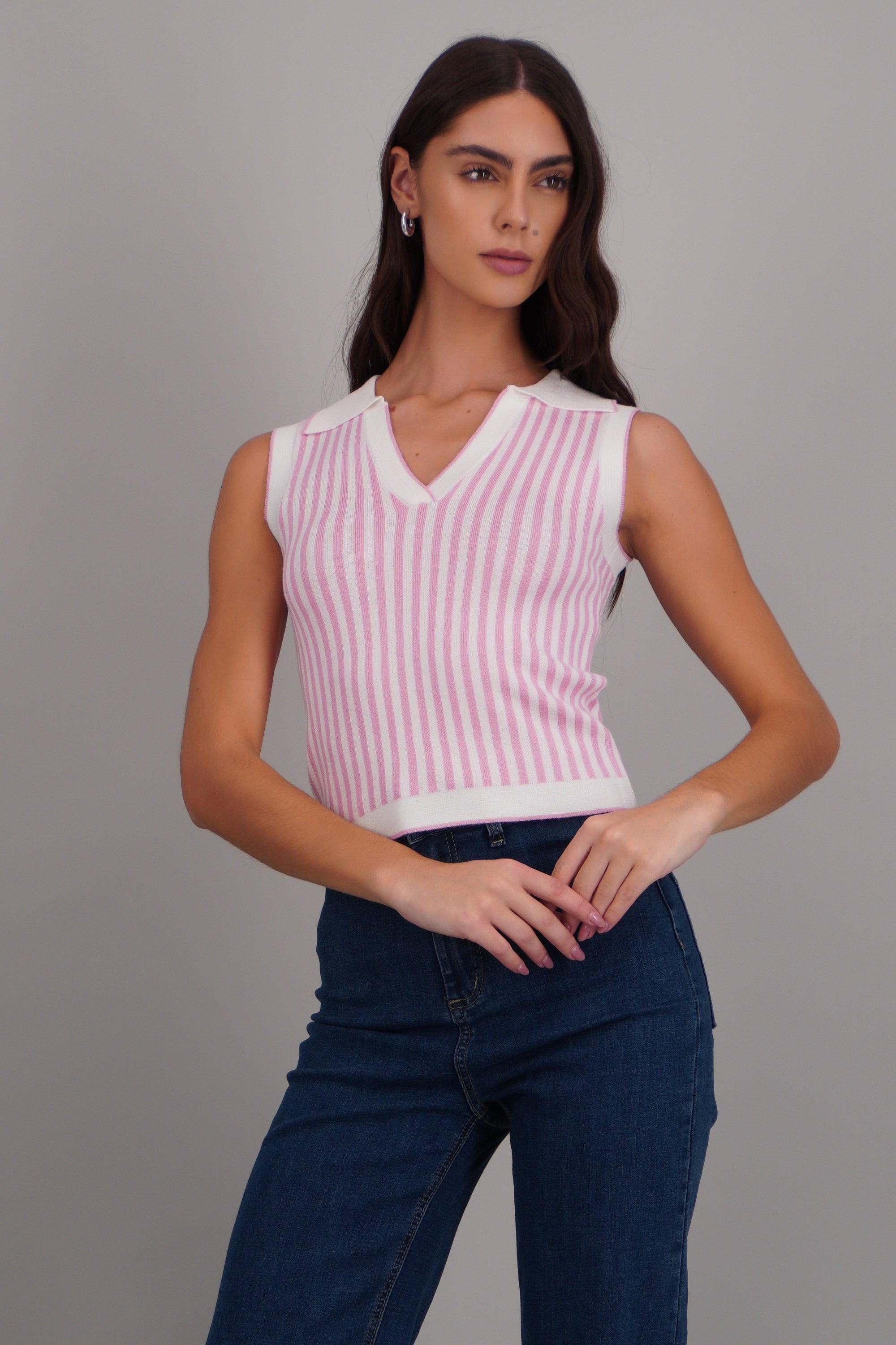 Chaleco ligero tejido rayas ROSA COMBO