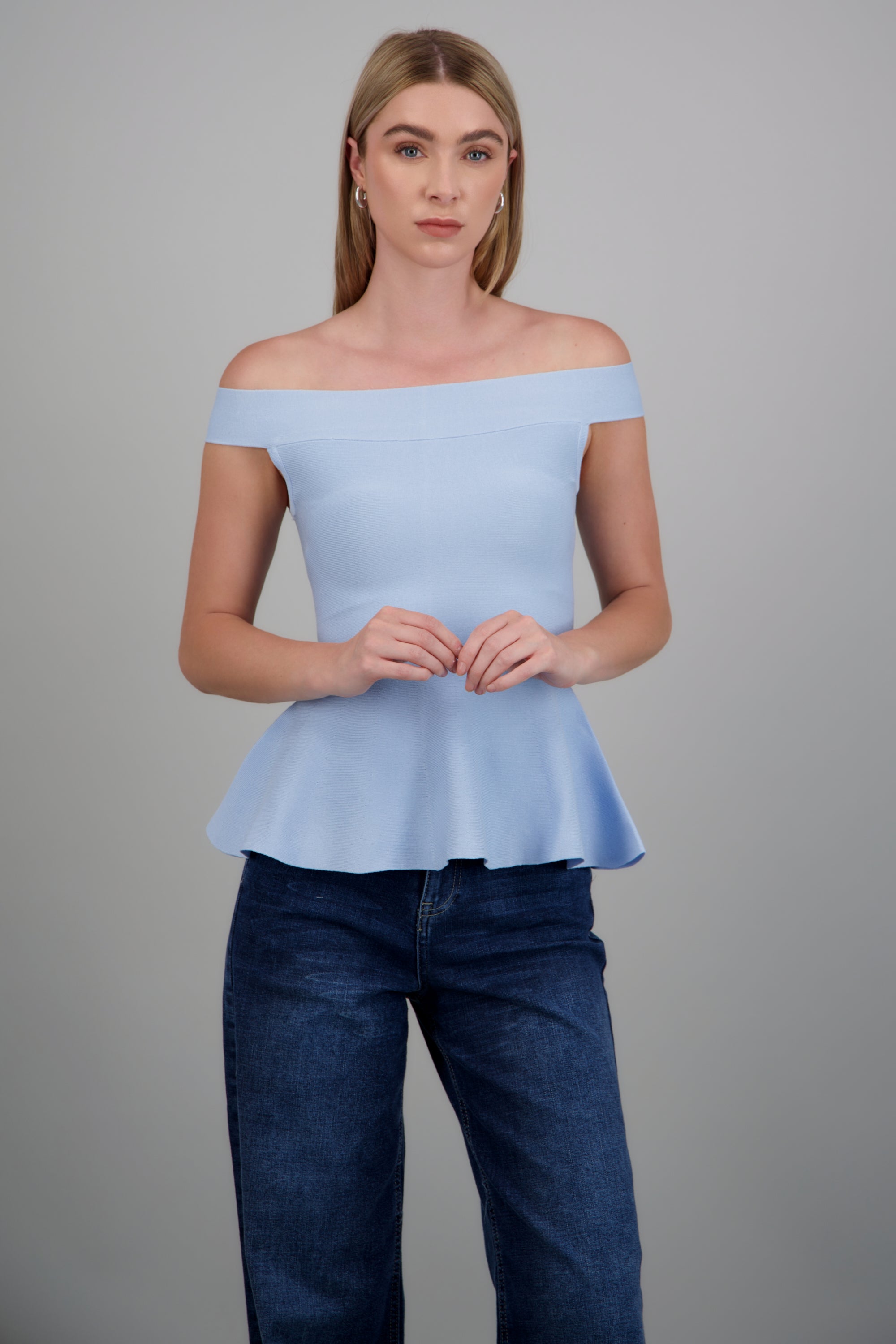 Top off shoulder knit peplum AZUL PASTEL
