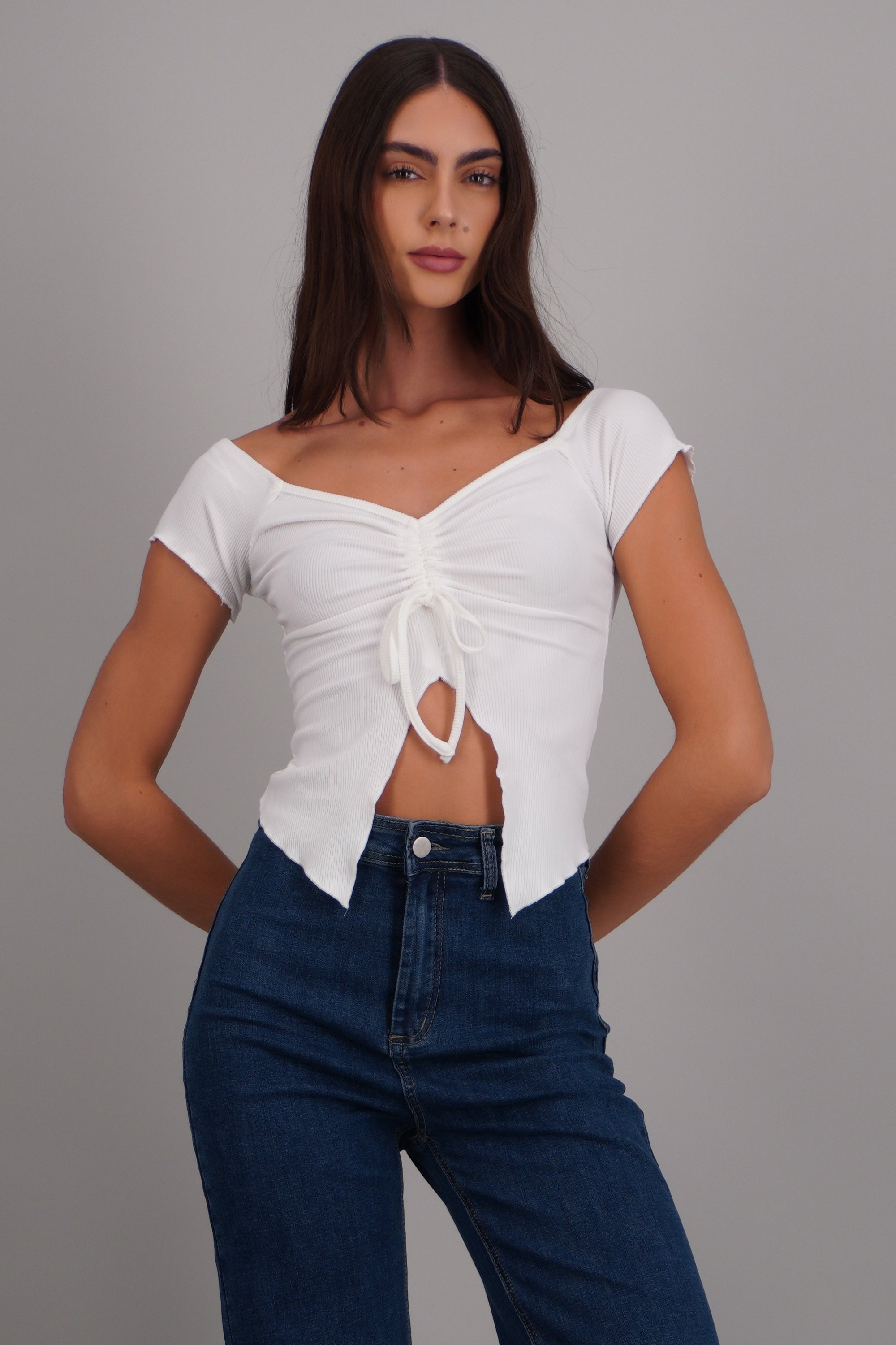 Top manga corta amarre escote BLANCO