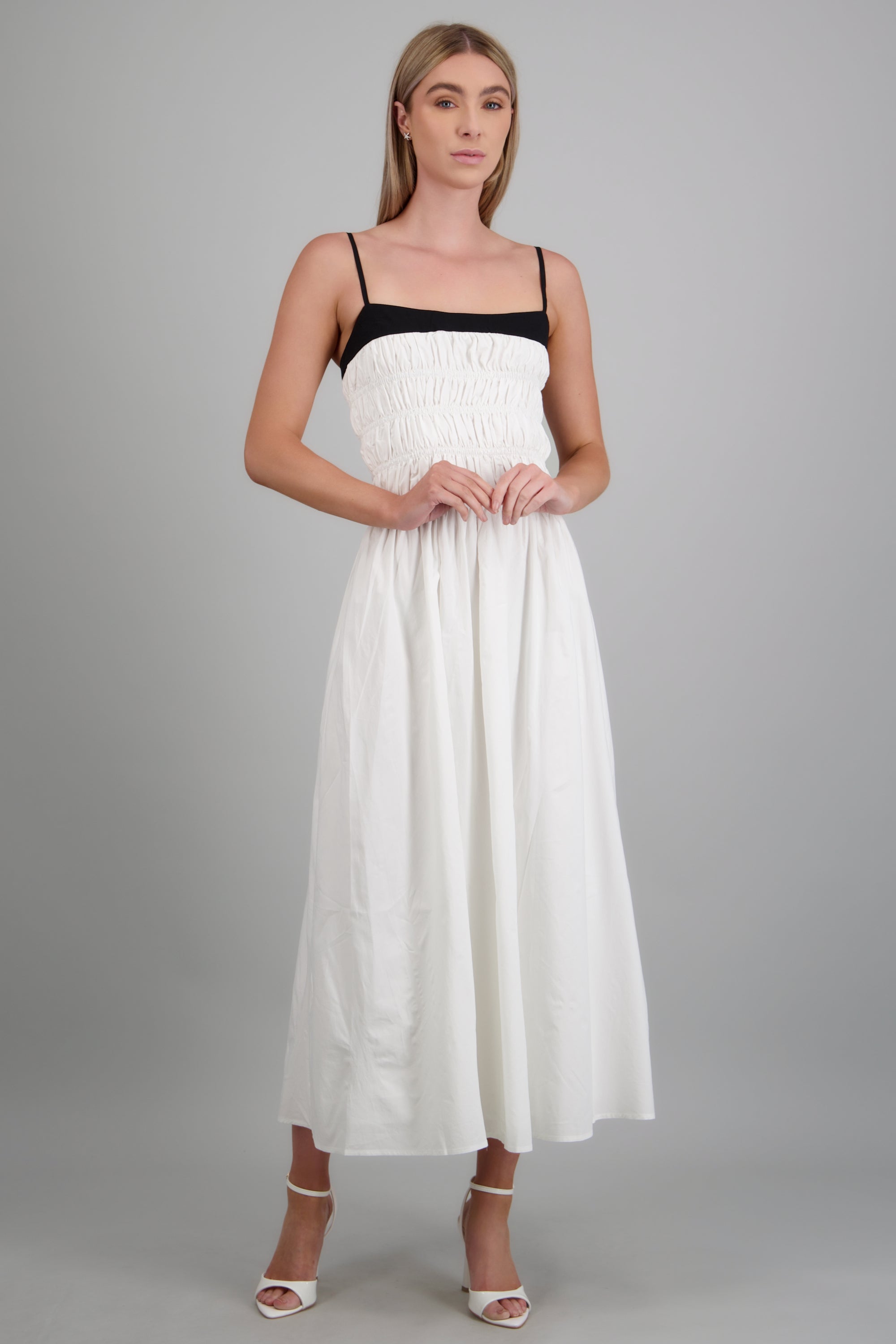 Vestido midi smock detalle contraste BLANCO COMBO